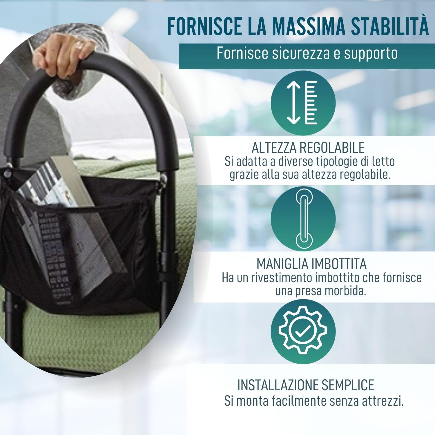 OrtoPrime Maniglia da Comodino Confort – Barriera di Sicurezza per Adulti – Sponda Laterale con Porta Riviste – Impugnatura Imbottita – Aiuto per Alzarsi dal Letto Anticaduta Nera