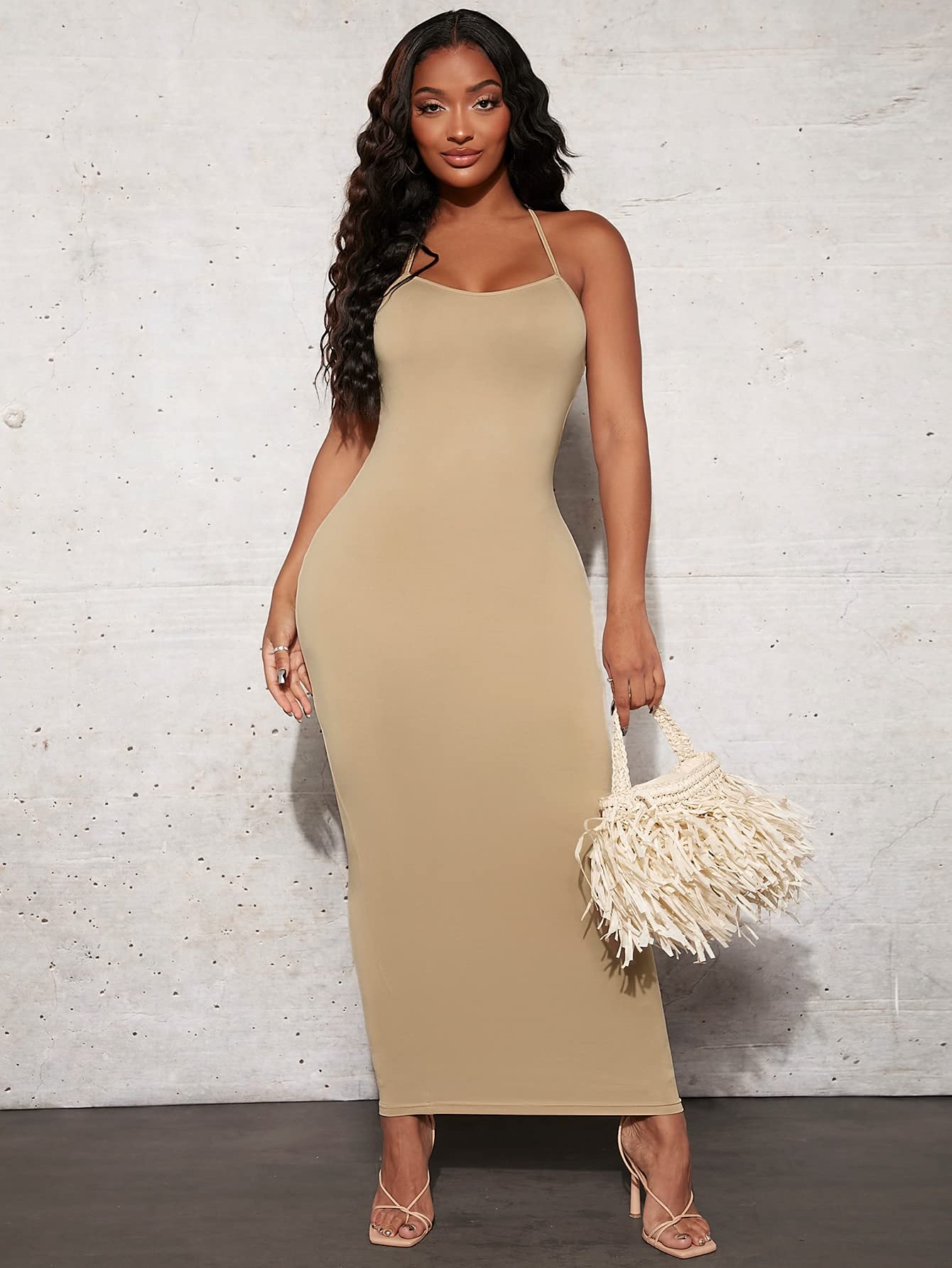 khaki dress Myla Draped Shoulders Satin Maxi / | MESHKI Prepare to show off your style with this Denim Dress in Khaki Neeno Women's Dresses Twist Crisscross