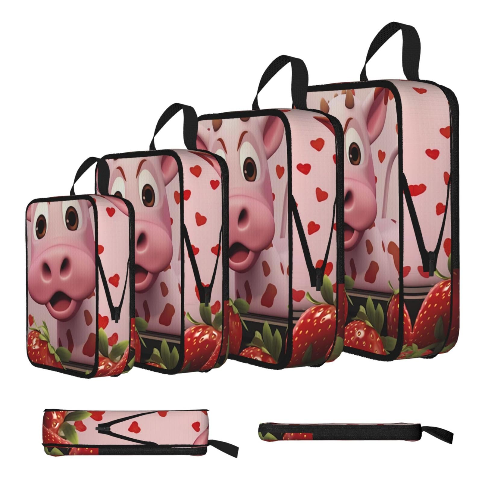 Sxzvvbn Black Pink Cow With Strawberries Compression Packing Cubes 4 Piece Set