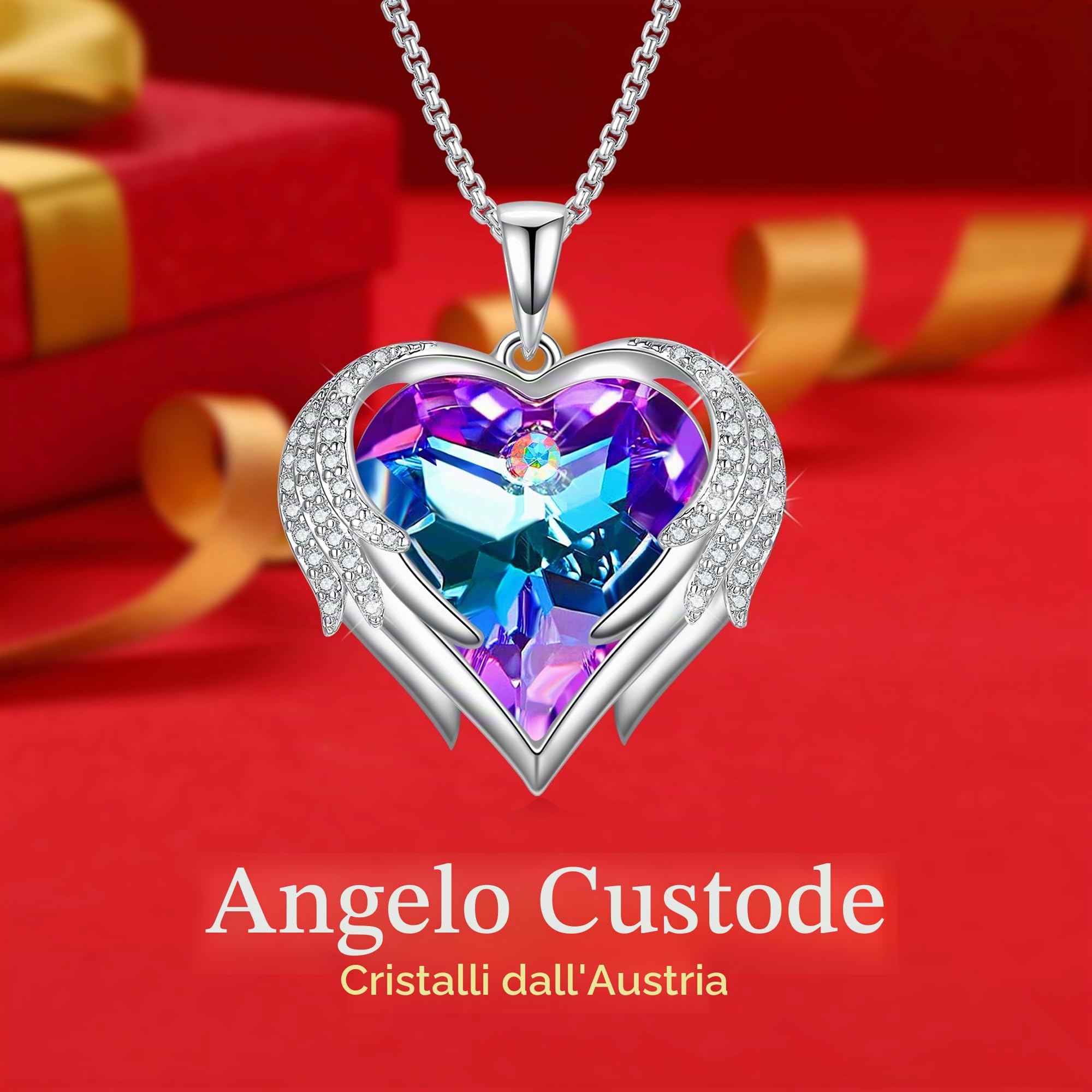 Praelinos Collana Ali d'Angelo Cuore Donna,Gioiello | Ciondolo da donna, confezione regalo, anniversario, San Valentino, Festa della Mamma, Natale, compleanno, regolabile.