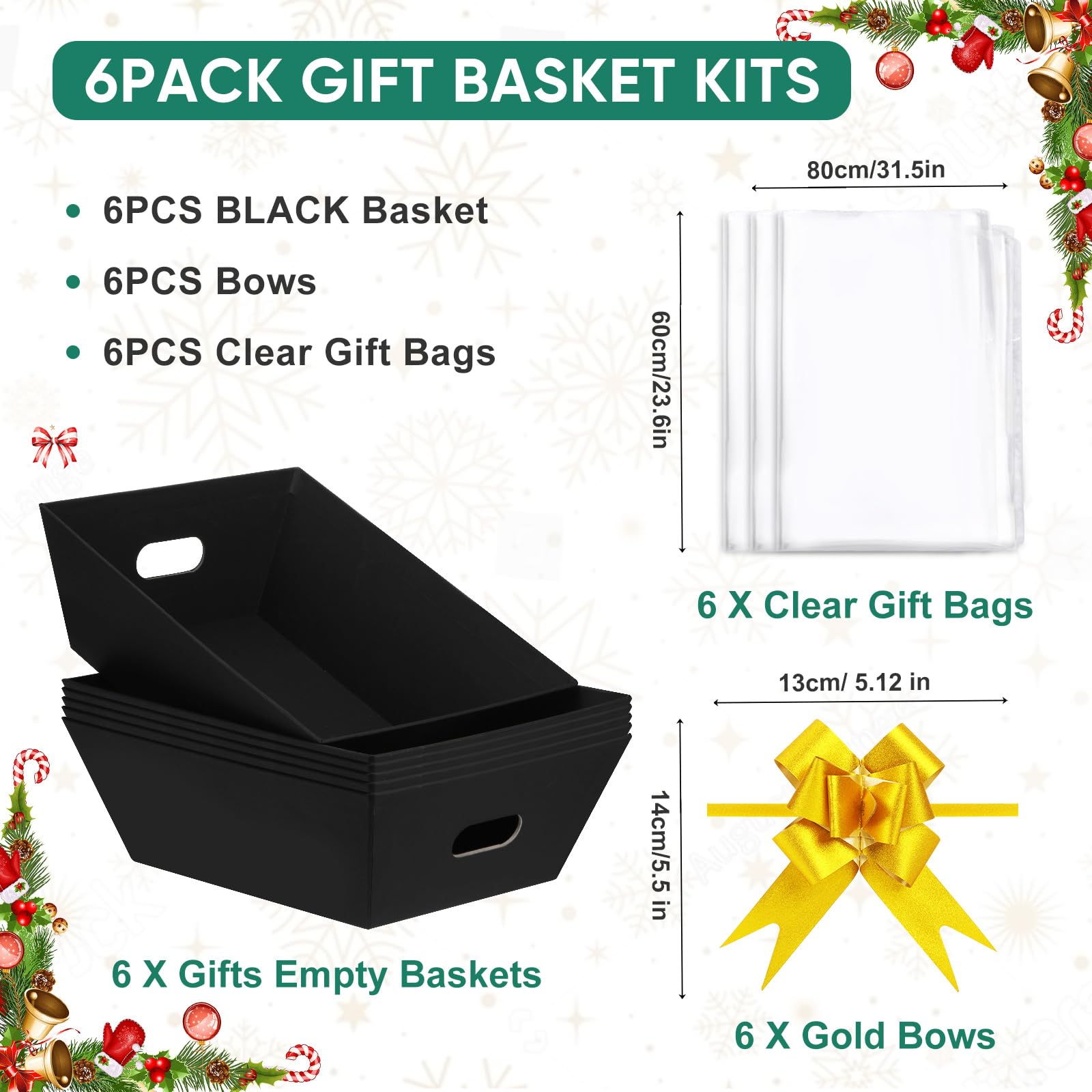 AFOROEOA 6PACK Black Baskets For Gifts Empty, 10x12”Thick Black Gift Basket with 6 Bows 6 Bags Empty Gift Baskets for Christmas Thanksgiving Wedding Birthday Party Wrapping Gift