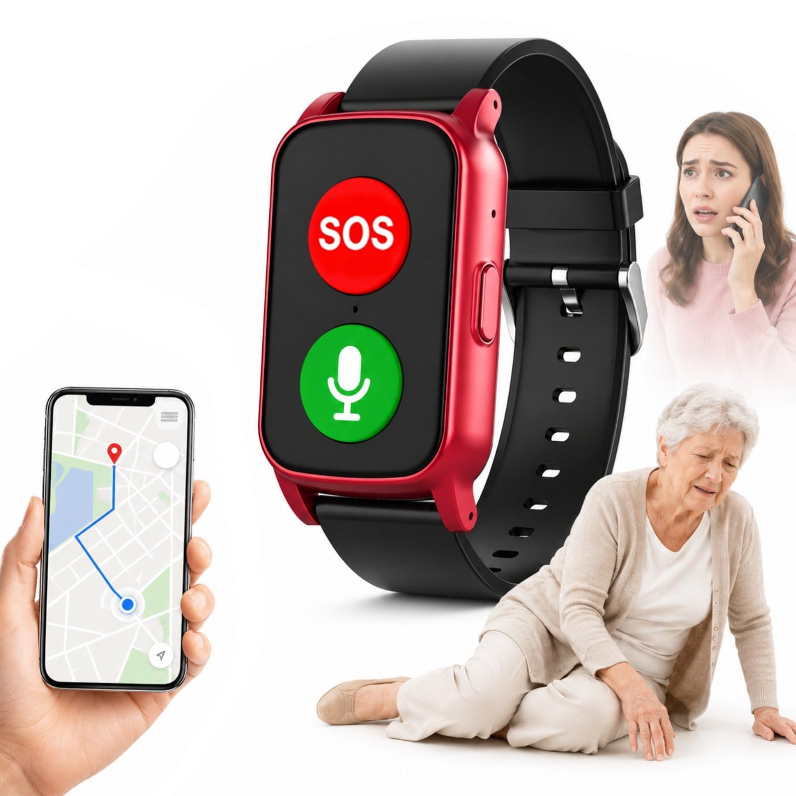 Reloj GPS Personas Mayores con Detección de Caídas, Botón SOS, Ubicación en Tiempo Real, Llamada de Voz HD, Iconos Grandes, IP67