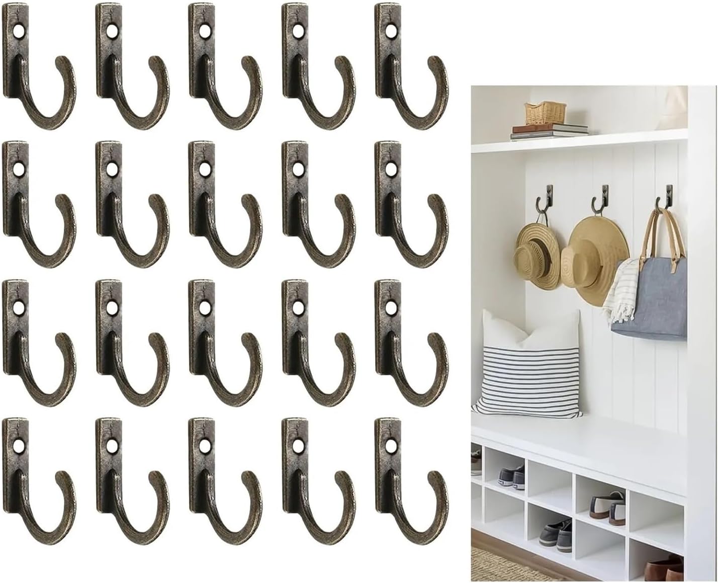 Wall Mounted Coat Rack 20 Pack Vintage Wall Hanger Decorative Cast Iron Heavy Duty Double Hooks, Wall Mounted Coat Hooks, Vintage Inspired Rack for Wall