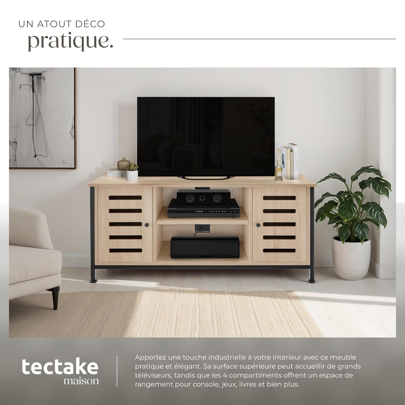 tectake® Meuble TV 110 x 41,5 x 50,5 cm, Style Industriel, Bois & Acier | Pieds réglables, 2 compartiments aux portes magnétiques, étagère réglable, capacité 50 kg, Buffet bas, Bois clair industriel