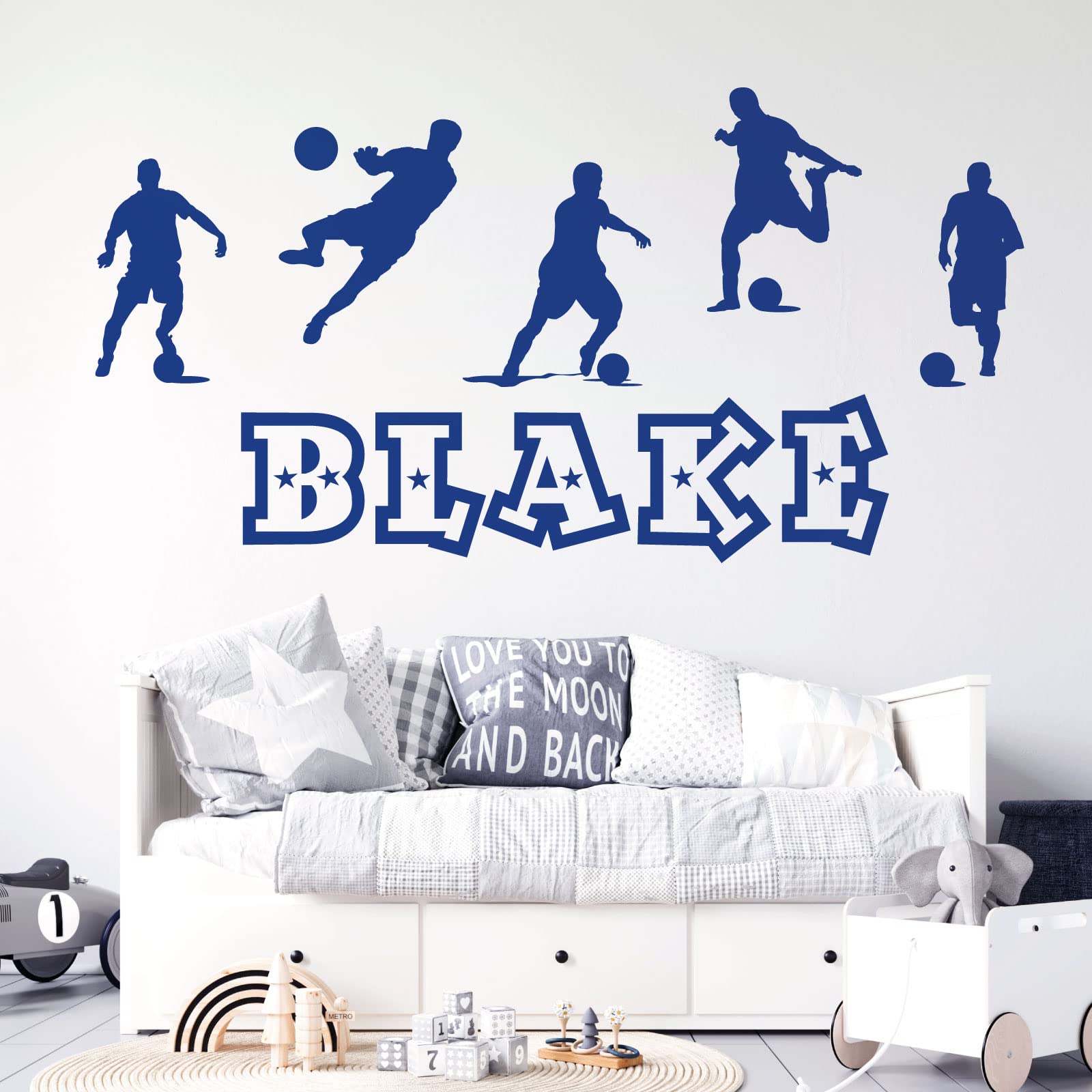 Personalised Name Boys Wall Art Sticker - Football, Soccer Game Silhouettes Theme [Medium] [Mid Blue]