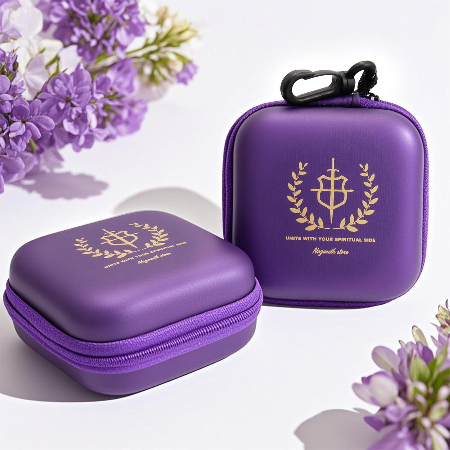 Nazareth Store Custodia per rosario viola con cerniera e clip, guscio rigido protettivo per preghiera, con interno morbido e tasca in rete, custodia da viaggio per rosari cattolici e regali religiosi