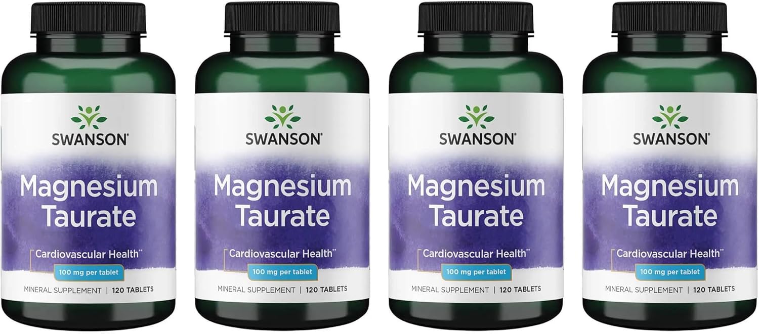 Swanson Magnesium Taurate Bone and Muscle Support Supplement for Active Adults Seeking Daily Magnesium - 100 mg per Tablet (120 Vegan Tablets, 4 Pack)