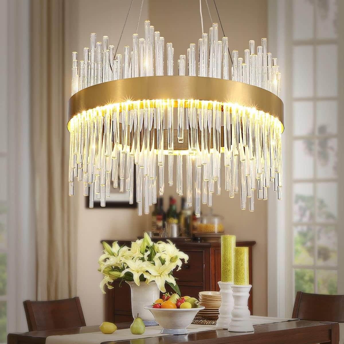 Modern Crystal Chandelier Gold Pendant Light Fixtures, Small Crystal Hanging Lamp for Entryway, Corridor, Balcony, Porch, Restaurant, Door Opening, Φ16 inch