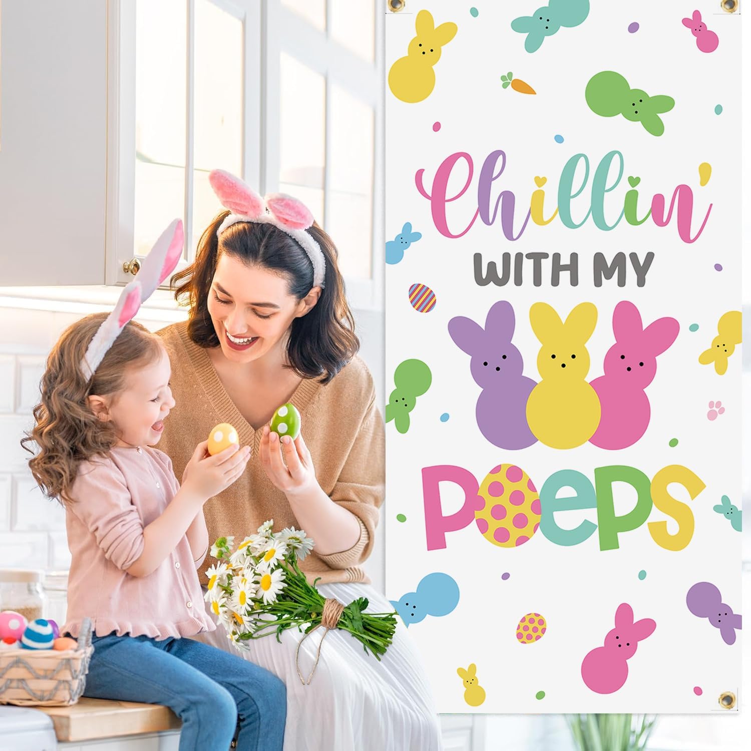 Easter Door Cover, Happy Easter Bunny Door Decorations Chillin With My Bunny Egg Hanger Easter Front Door Banner Welcome Door Porch Sign Party Supplies