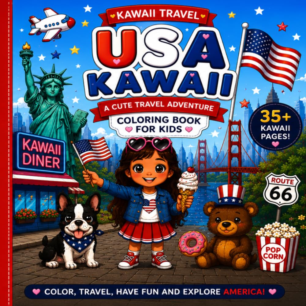 USA Kawaii: A Cute Travel Adventure Coloring Book for Kids (kawaii travel Adventures)