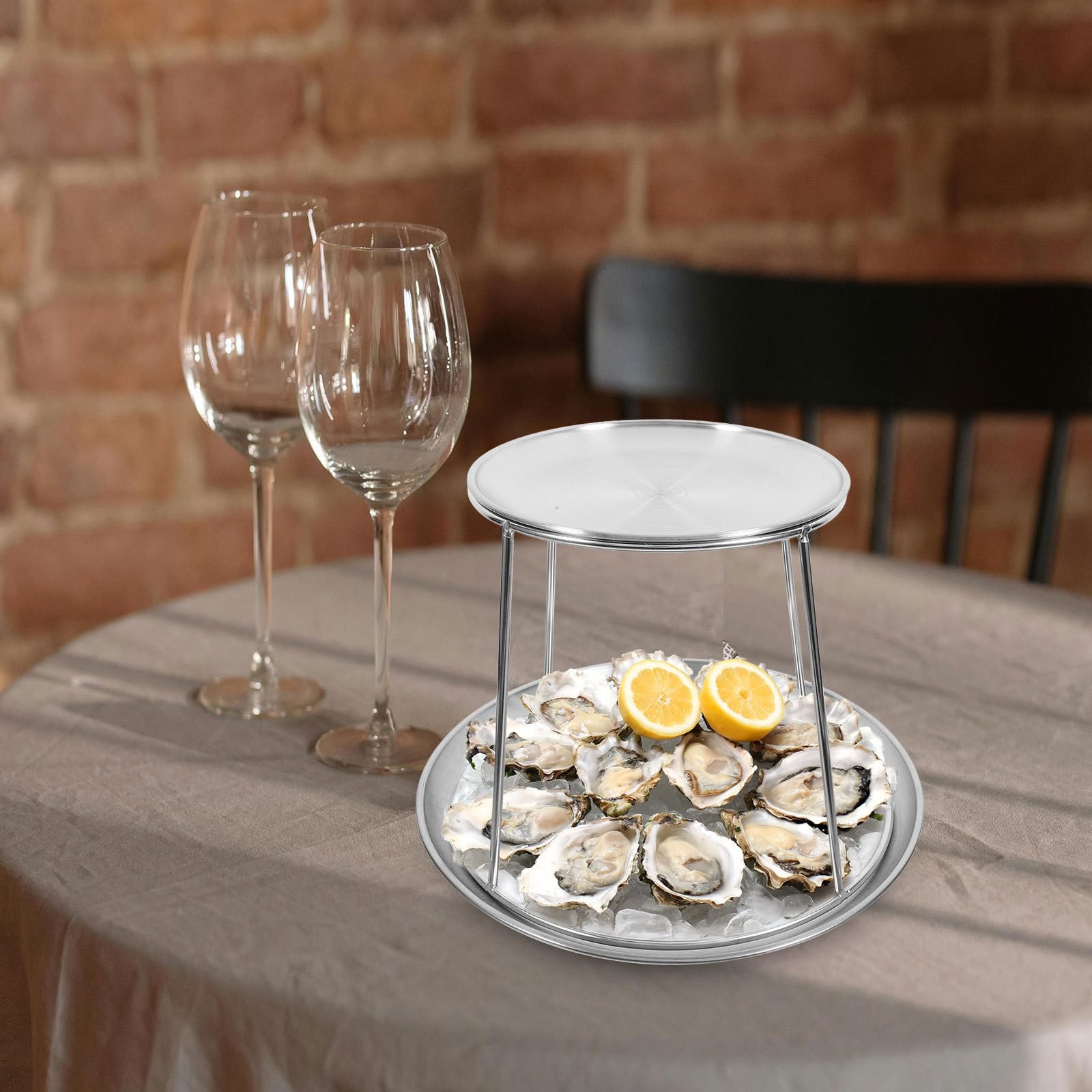 Abaodam Bandeja de Acero Inoxidable para Servir Mariscos Doble Capa, Soporte Resistente y Diseño Moderno para Bodas y Fiestas