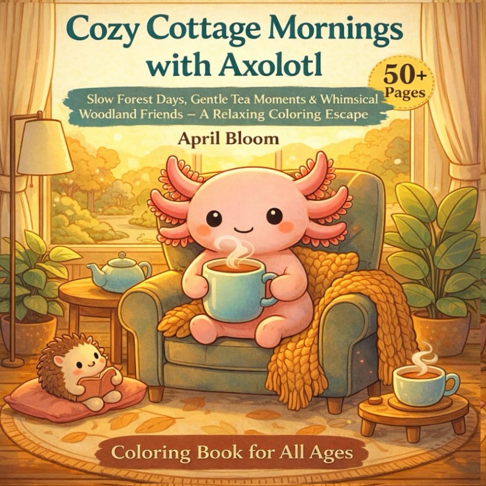 Cozy Cottage Mornings with Axolotl Aesthetic colouring books for all ages: Slow Forest Days, Gentle Tea Moments & Whimsical Woodland Friends – A Relaxing Coloring Escape | 50+ Designs