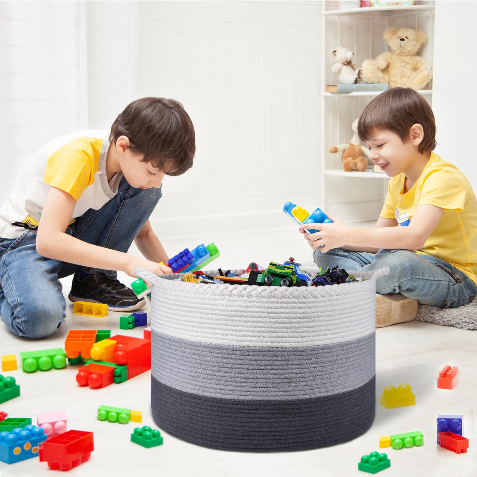 COMSE Extra Large Woven Blanket Laundry Basket, 21.7”x 13.8”, Nursery Hamper, Cotton Rope Laundry Hamper Living Room for Storage Toys Clothes Towels (White & Light Gray & Dark Gray)