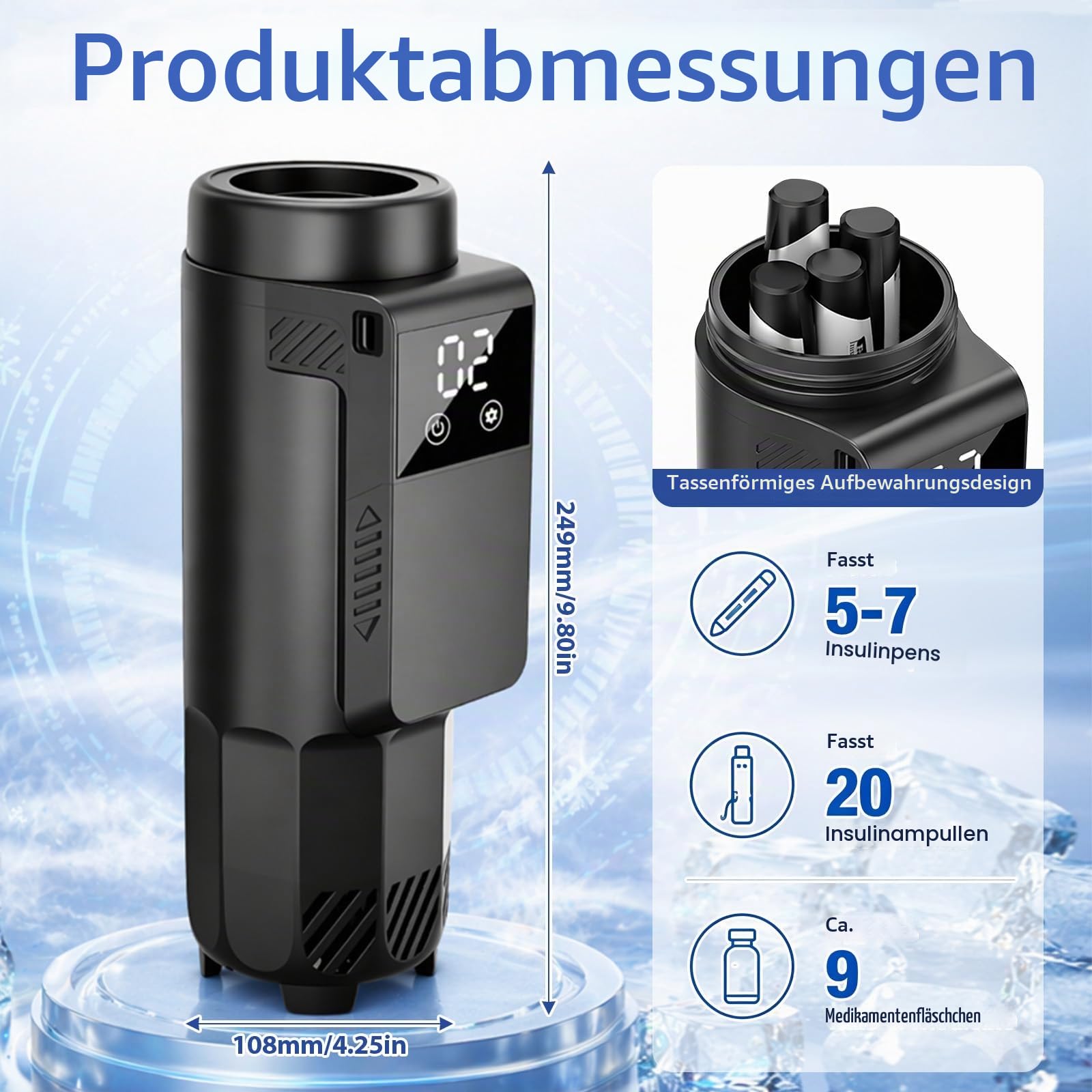 Insulin Kühltasche elektrisch USB Medikamenten Kühltasche für 7 Insulinpens Reise 0-18°C Temperaturkontrolle Mini Kühlschrank für Diabetiker Medikamente Box Diabetikerbedarf unterwegs Tragbar