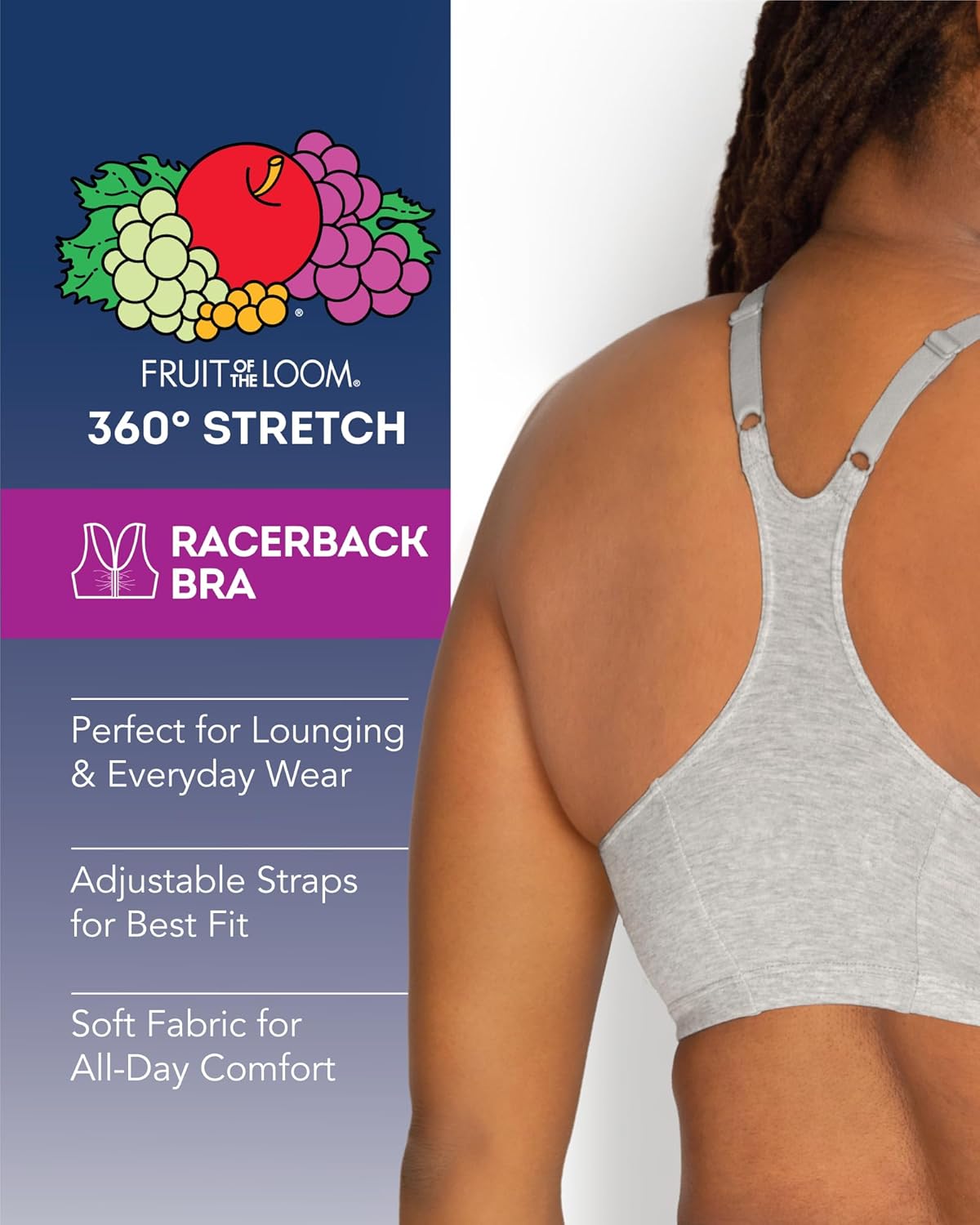 Fruit of The Loom Women's Adjustable Shirred Front Racerback Sports Bra, Multi Pack Options - Image 4