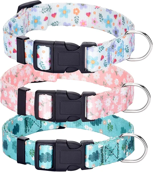 Designer Dog Collar for Large Dogs, Cute Flower Dog Collars for Dogs, Adjustable Dog Collar with Ring (#1-Multicolor A, L)