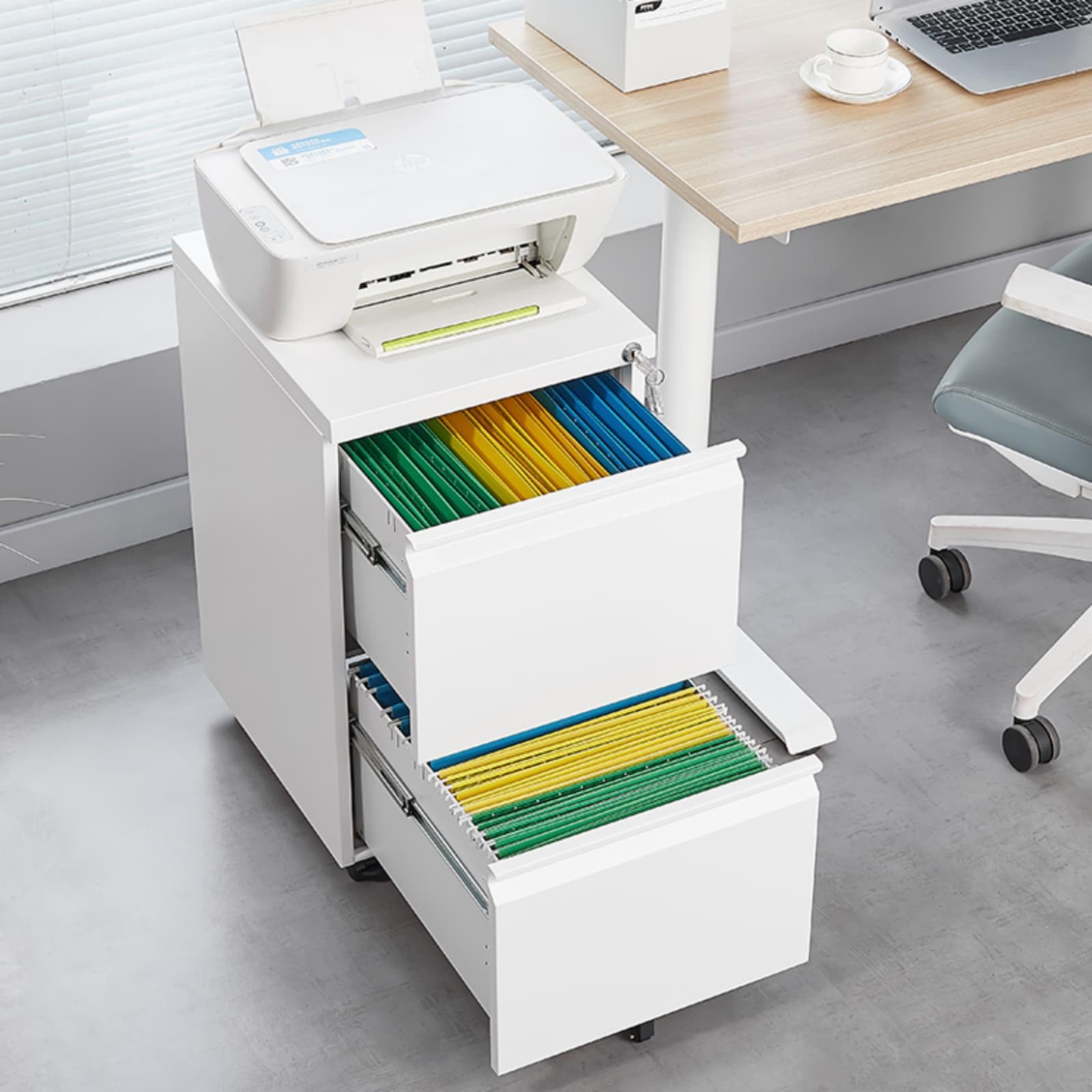 PUGSDRLY Armoire Bureau avec 2 Tiroirs pour Dossiers légaux/Lettres/A4,Caisson Bureau Mobiles avec Rangement,Armoire Metallique,Classeur Polyvalent,Design 5 Roues Anti-basculement (Blanc-C)