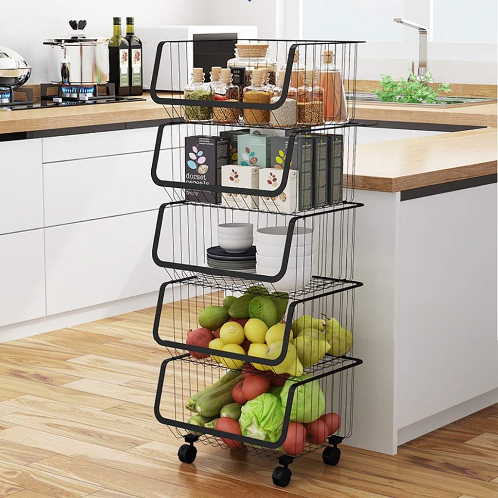 Kitchen Floor- Mounted 5- Story Household Vegetable and Fruit Basket Storage Rack al Mobile Trolley(Black 110. 5 35 42CM)