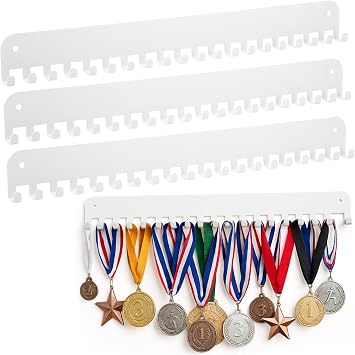 Yalikop 4 Pack White Medal Hanger Display 15.9 Inches Medals Rack Frame Wall Mount Sports Award Shelf Display Medal Holder Wall Hanger with 20 Hooks Each Hold 60+ for Gymnastics Soccer Running