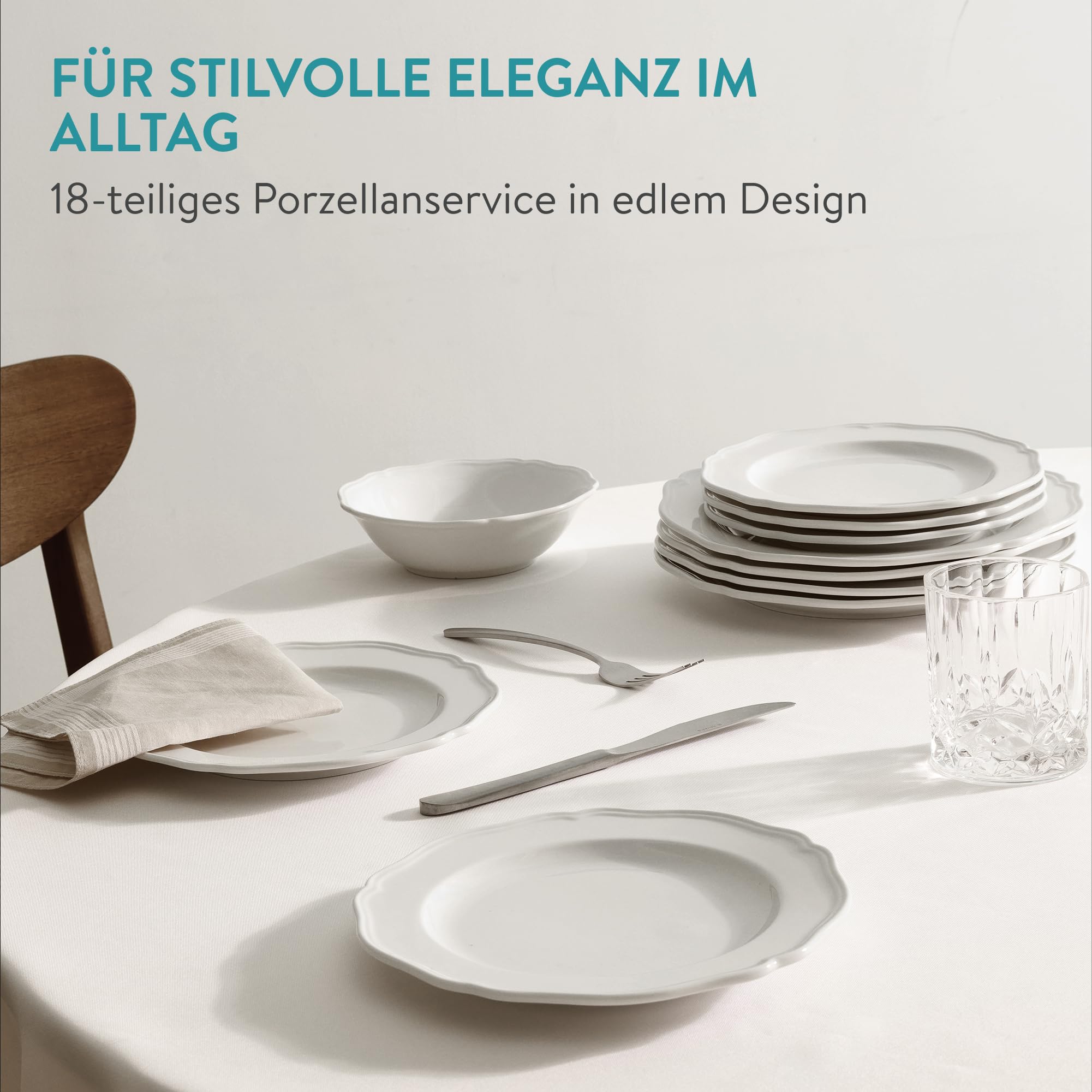 Navaris Scandi Stil Porzellan Geschirrset 6 Personen - 18-teiliges Teller Set - Spülmaschinenfestes Tafelservice - Kombiservice in Weiß - Geschirr Service Tellerset Essgeschirr