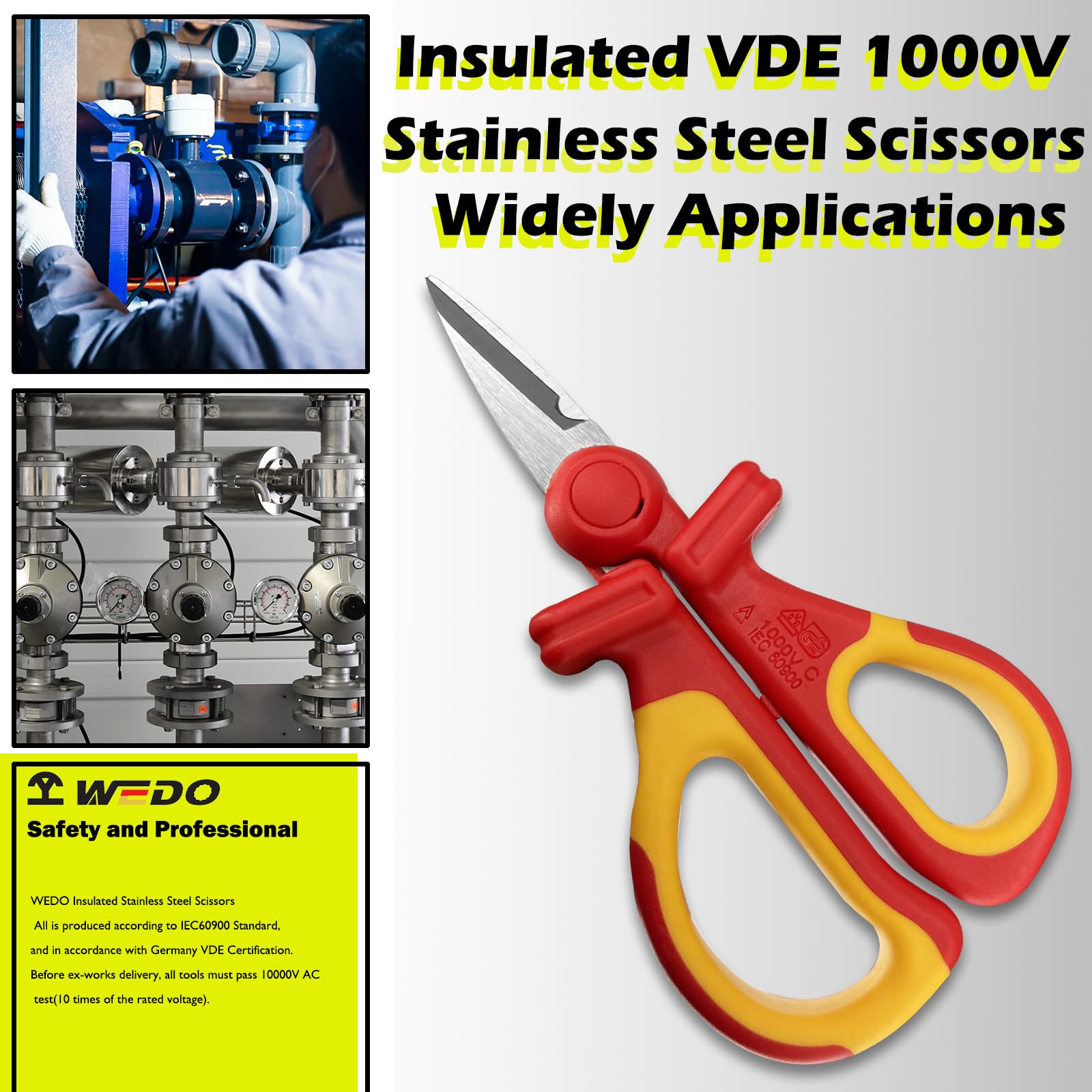WEDO VDE 1000V Tijeras aisladas, tijeras de seguridad para electricistas, cortadores de alambre, resistentes al óxido, IEC 60900