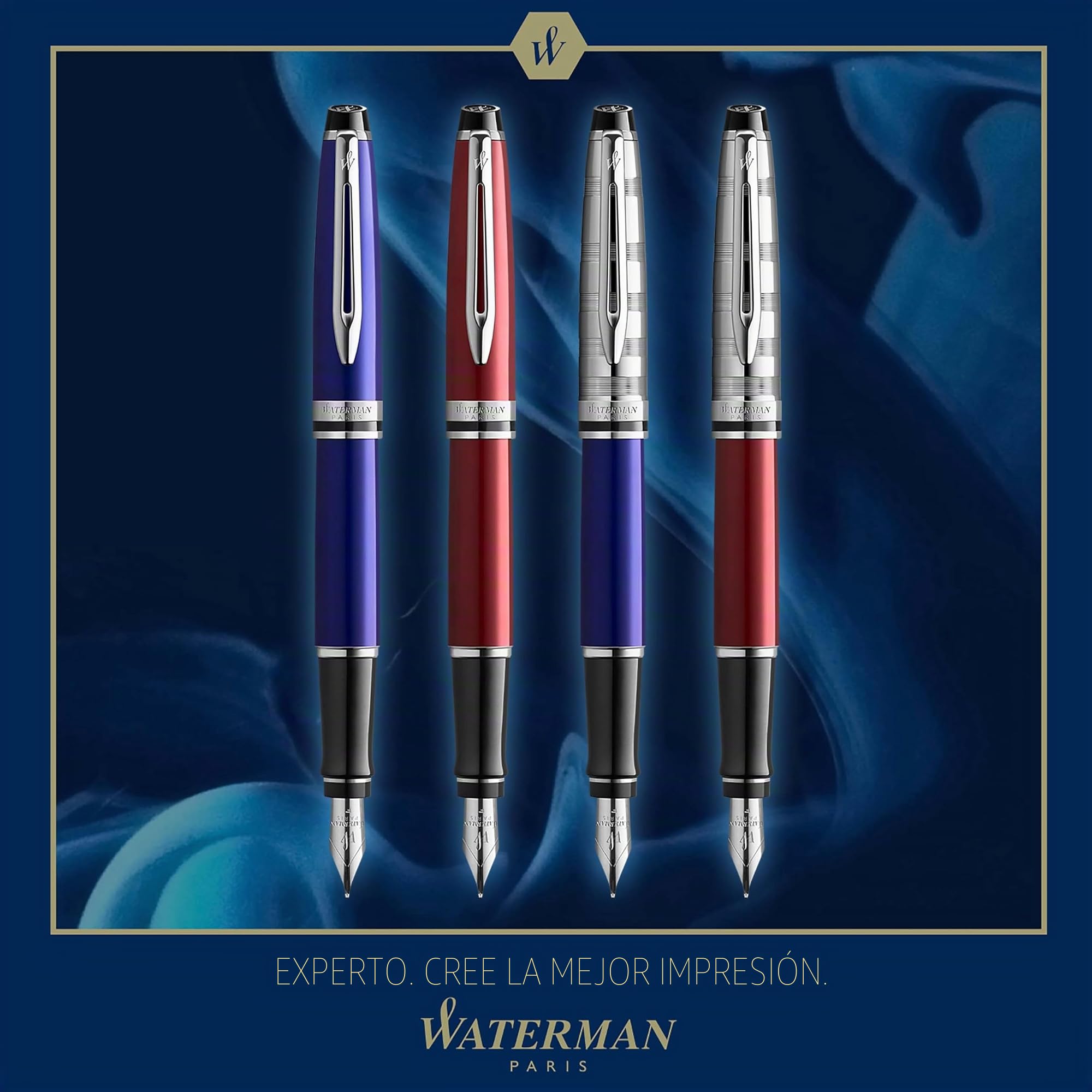 Waterman Expert pluma estilográfica, color azul con adorno cromado, plumín mediano con cartucho de tinta azul, estuche de regalo