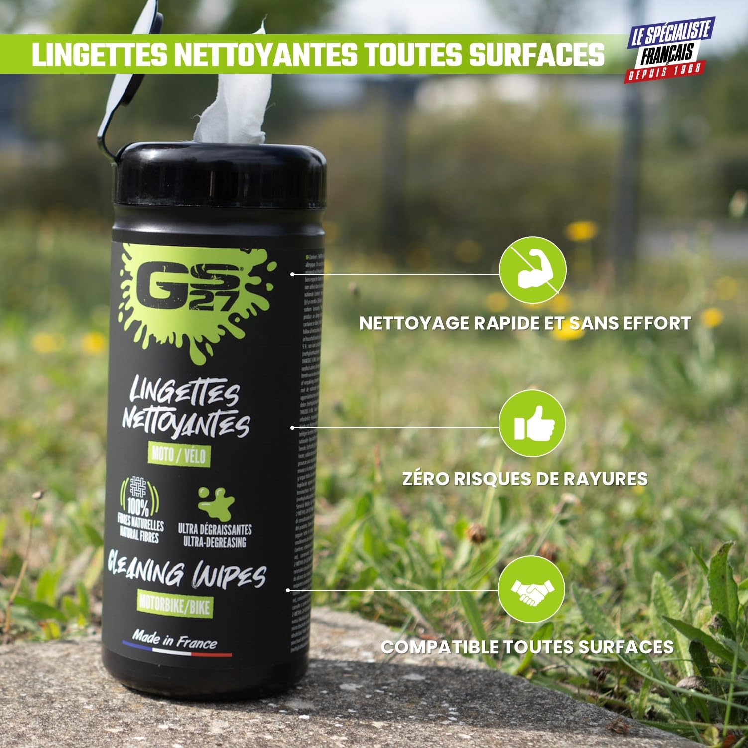 GS27 - Salviette ultra detergenti - Moto e bicicletta - sgrassa e fa brillare - 100% viscosa - Formato XXL 19 x 25 cm