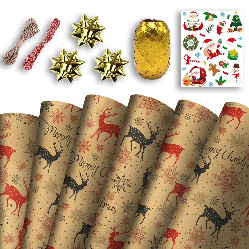 Christmas Wrapping Mega Kit: 10 Sheets Classic Kraft Festive Traditional Pattern Present Gift Wrap Roll | 70cm x 50cm Wrap Paper Design | Complete Xmas Package Set | String, Stickers, Bows, Ribbons