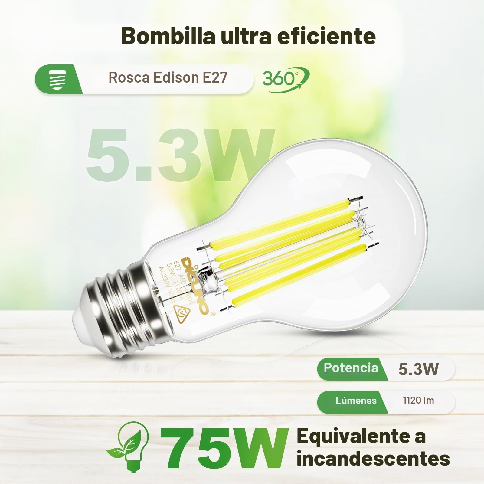 DiCUNO Bombilla LED E27 Ultra Eficiente Clase A, 5.3W=75W, 4000K, Pack de 6 | Blanco neutro, 1120lm, Vidrio, Bajo consumo, Bombilla E27 A60 de filamento Edison para colgantes, lámparas de mesa y apliques