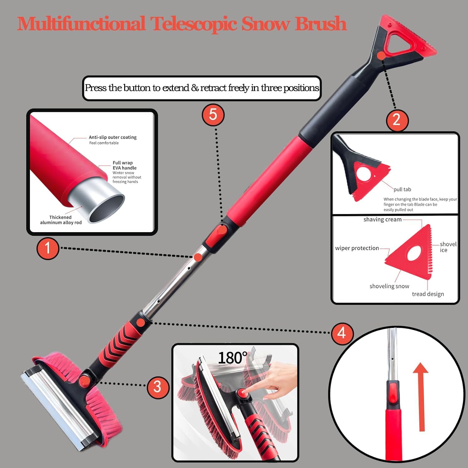 42" car snow brush & ice scraper red snow brush for car extendable, upgraded heavy duty pivoting snow broom for suv trucks windshield snow cleaning