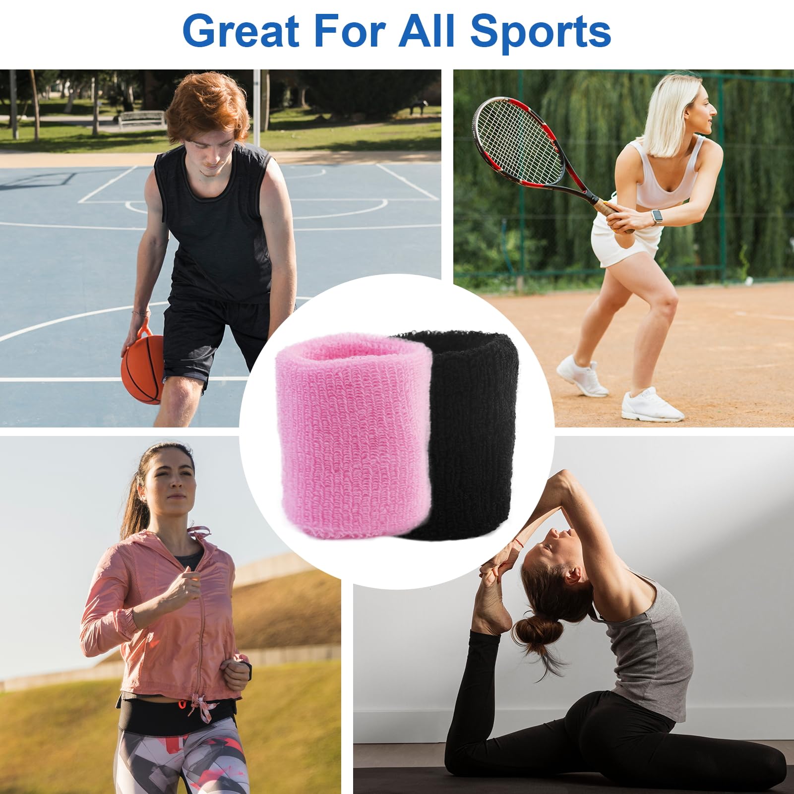 4 PCS Polsini per Fascia, Polsini Sportivi in Cotone ad Alta Elasticità Polsini assorbenti dal Sudore Polsini per Il Sudore per Tennis Sport Basket Ginnastica（ Rosa e Nero）