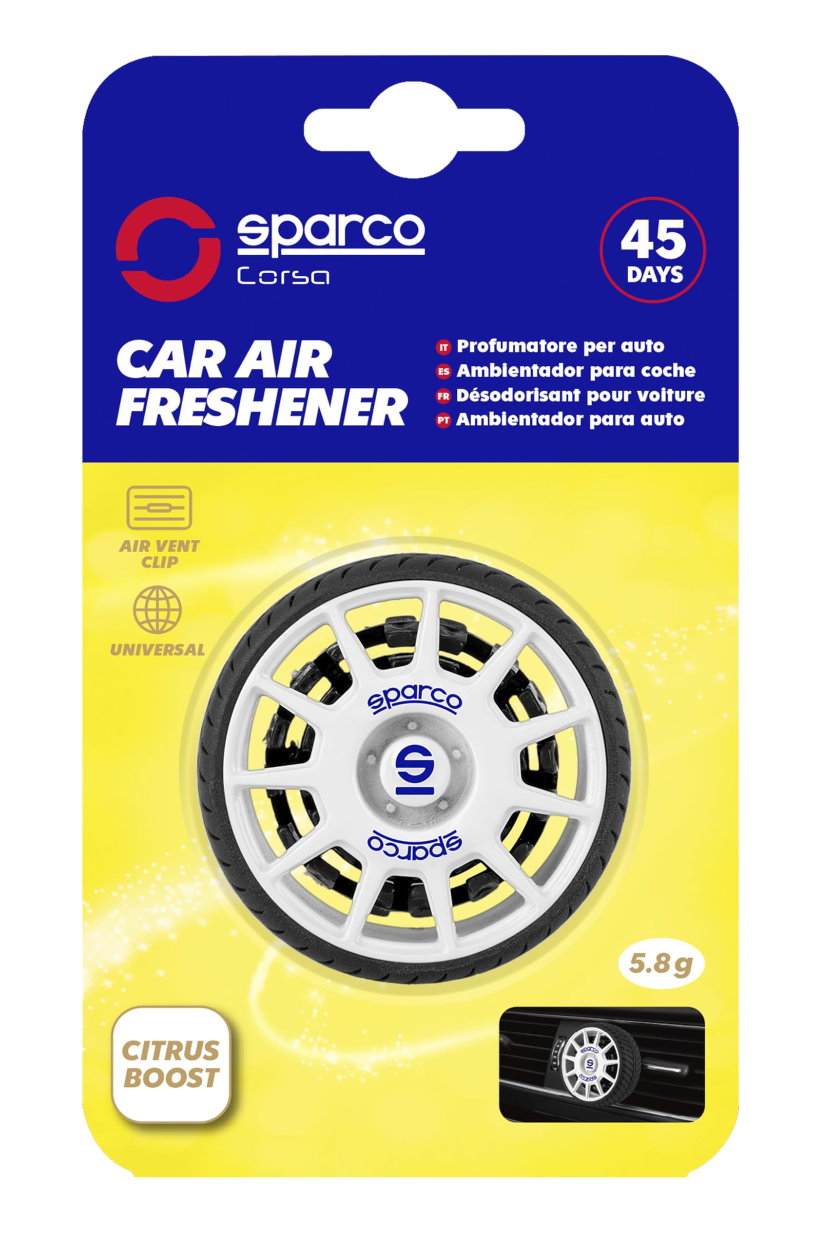 Sparco Gel Car Air Freshener with Vent Clip, Wheel and Sport Rim Design, Citrus Boost Fragrance, Fresh Citrus Scent with a Spicy Touch, Up to 45 Days, 5.8 Grams