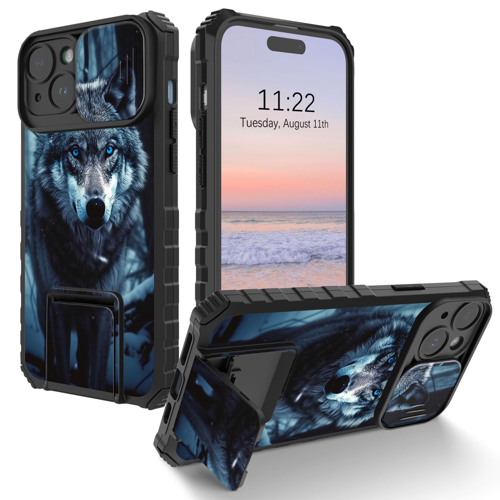 Qindaiwen for iPhone 15 Plus Case with Slide Camera Cover+Kickstand, [Military Drop Protection], Full Protective Hard Back and Soft Edge Phone Case