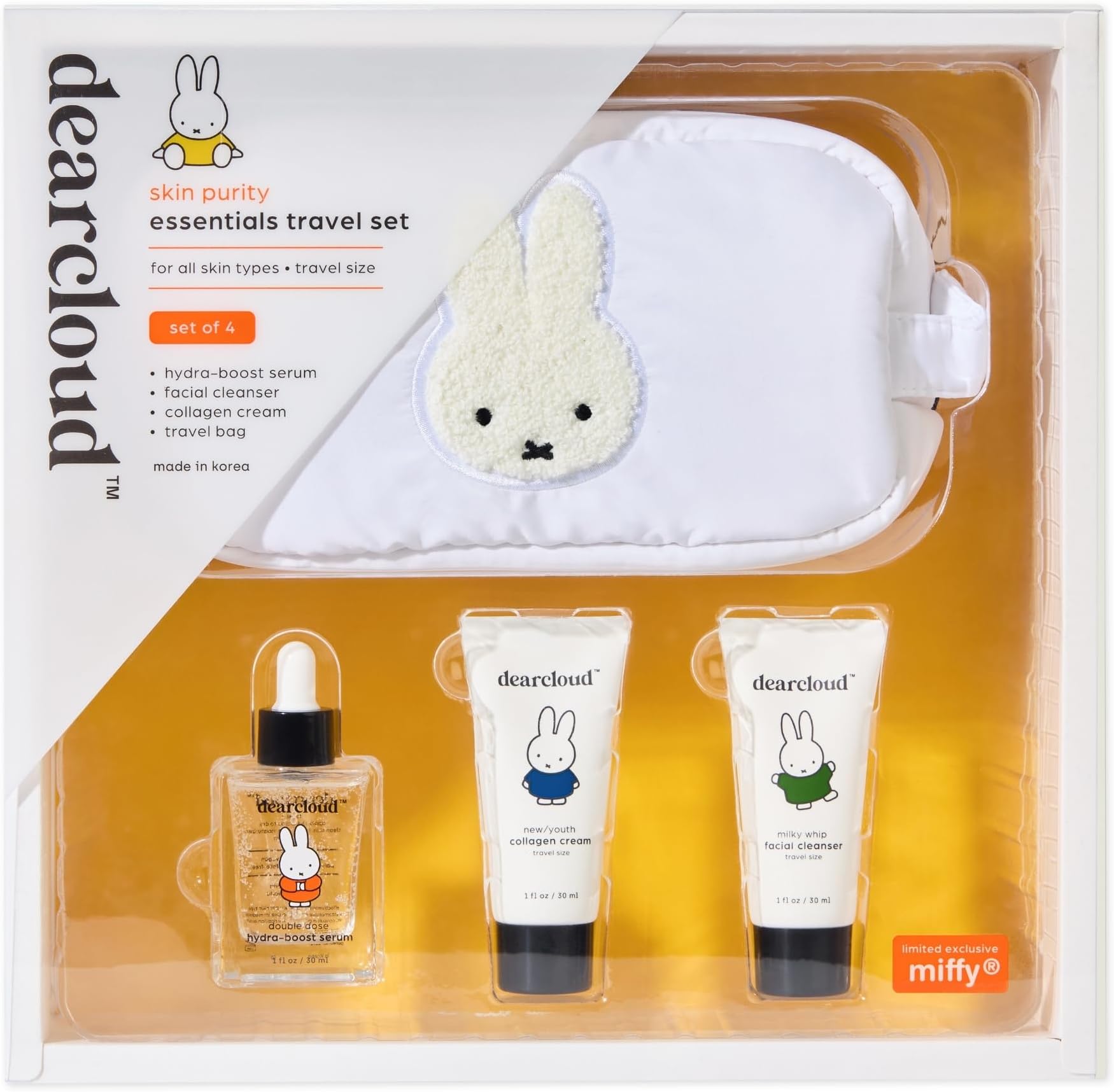 Miffy Skin Purity Essentials Travel Set of 4 ($55 Value) - Korean Skin Care Travel Set โ Hydrating Korean Skin Care Travel Essentials Set with Cosmetic Bag