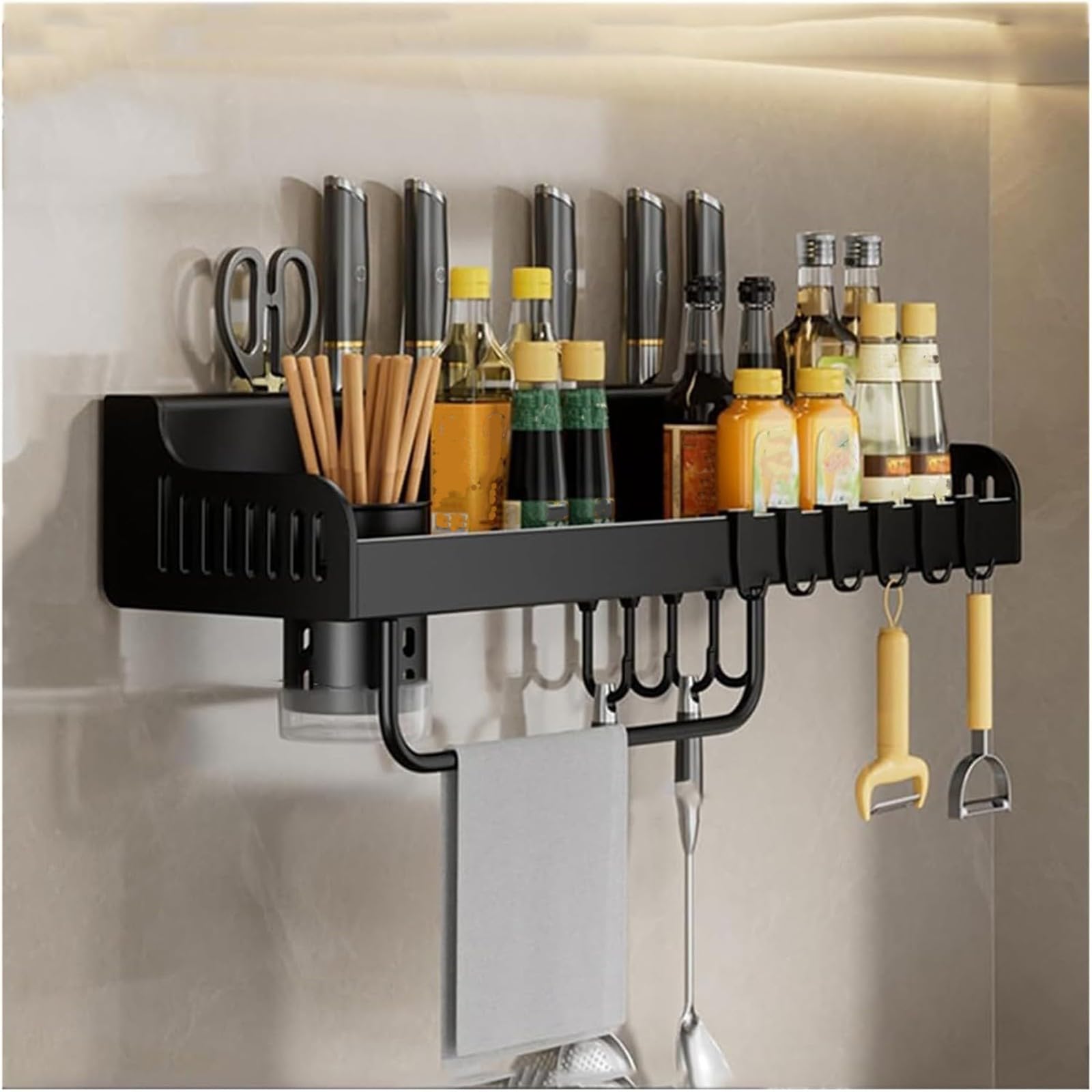 WYQXTY Wall Mount Kitchen Spice Utensil Rack Wall-Mounted Spice Rack Utensil Holder Hooks Knife Rack Steel Multicolor 40/50/60 cm(Black,60)