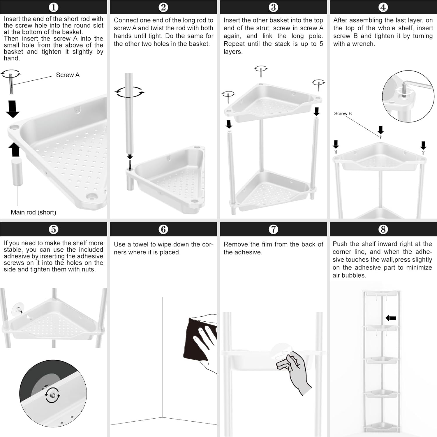 ODesign 5 Tier Floor Standing Corner Shower Caddy Organizer, Plastic Metal Floor Corner Shelf Storage Rack for Bathroom White - Rustproof