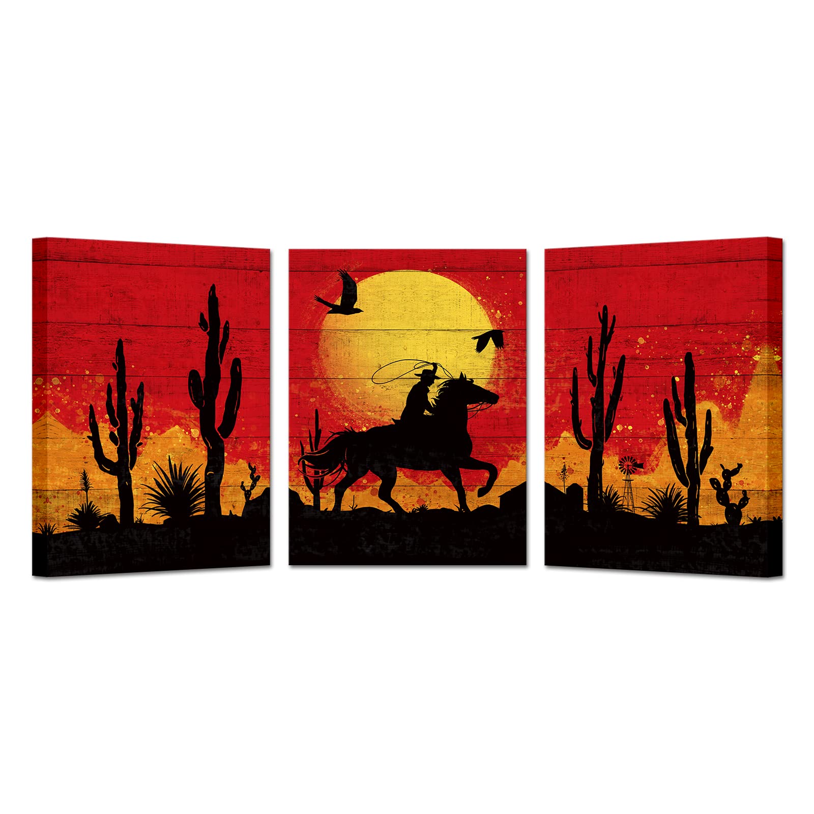 KREATIVE ARTS 3pcs Western Wall Decor Prints Cowboy Desert Cactus Sunset Pictures Red Wall Art Southwest Canvas Paintings for office living room Each Panel 12x16 inch (Small)