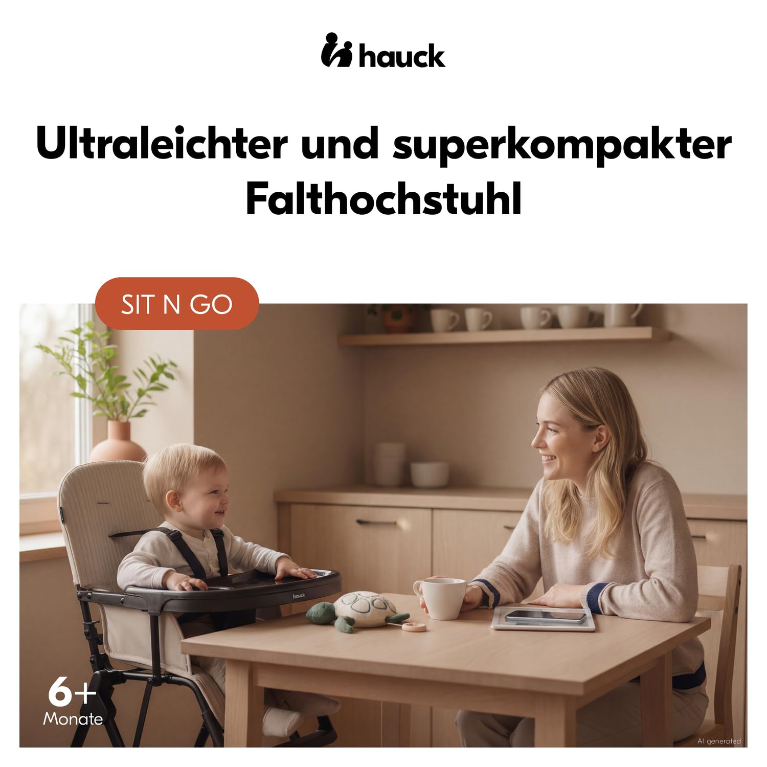 hauck Reisehochstuhl ultraleicht, superschnell klappbar, Sit N Go Black | Essbrett & spülmaschinenfestes Tablett, abwischbarer Bezug, 6 Monate bis 15 kg / 3 Jahre, Mitwachsender Hochstuhl für Kinder