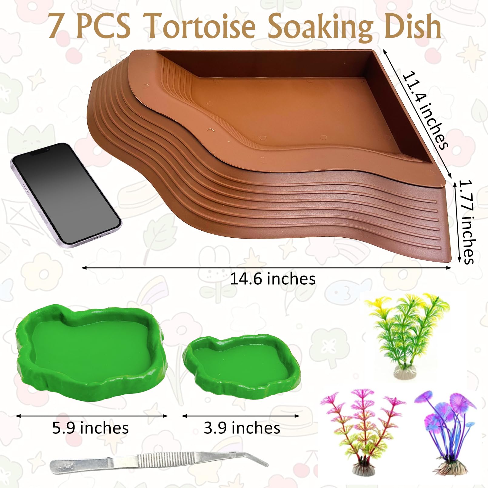 Piscina da bagno per rettili 2 in 1 con rampa grande ciotola per l'alimentazione delle tartarughe con gradini piatti in plastica per cibo e acqua per rettili 7 pezzi accessori decorativi per