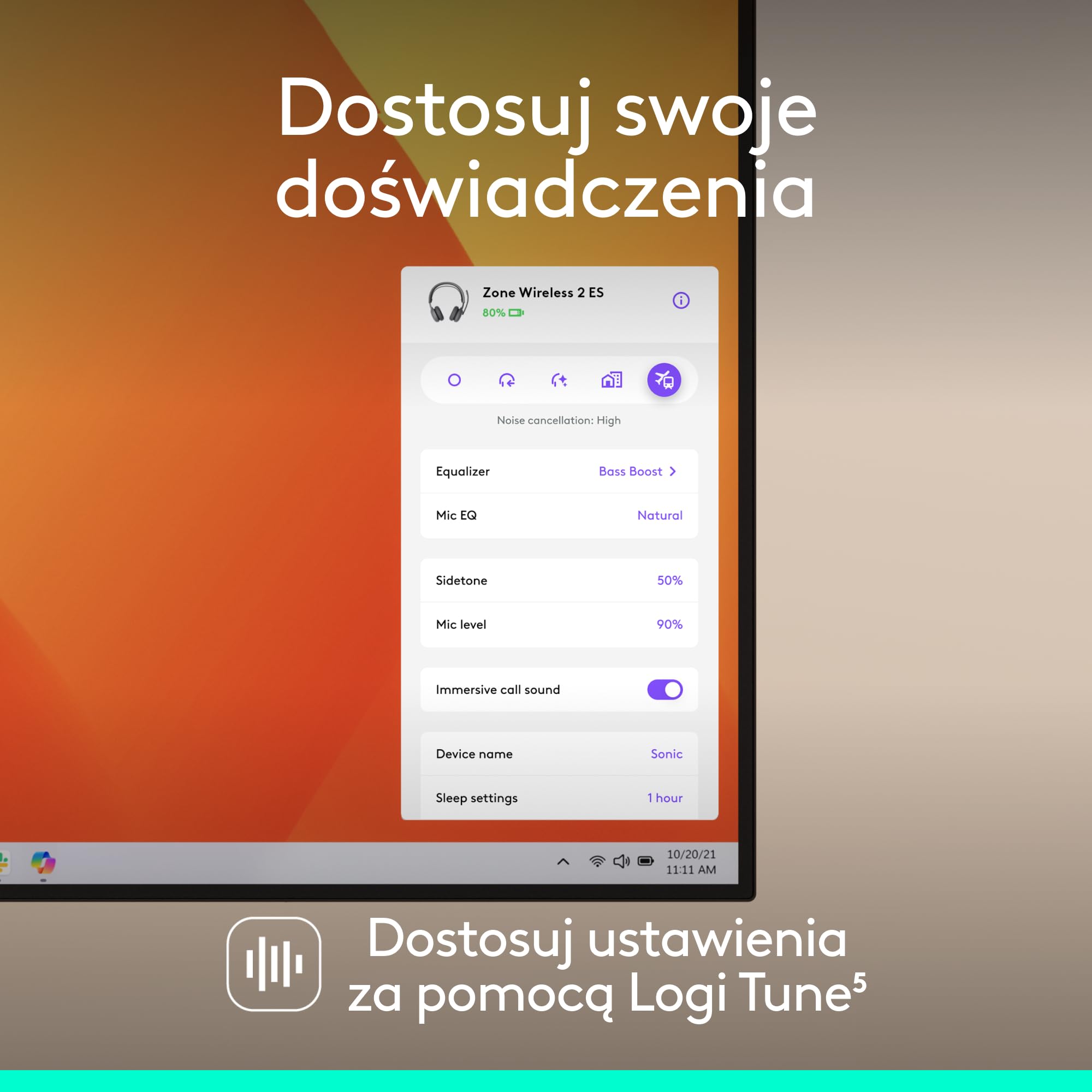 Logitech Zone Wireless 2 ES – bezprzewodowy zestaw słuchawkowy z redukcją szumów i adaptacyjnym hybrydowym ANC, Bluetooth, grafitowy