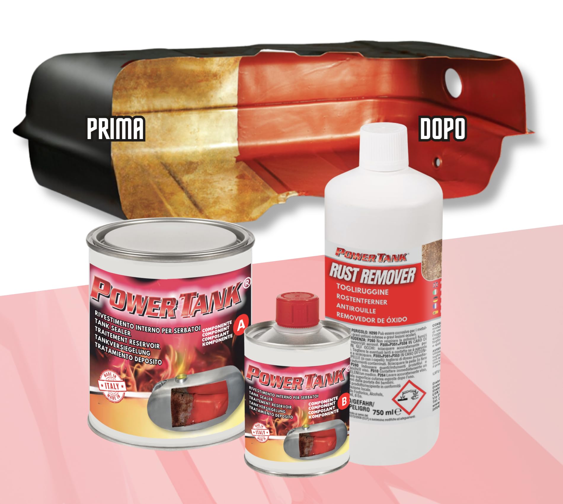 POWER TANK - Trattamento Serbatoio Auto (50/55 Litri) Kit Grande Big 1,3 kg per Interno Serbatoi gasolio Benzina Elimina la Ruggine Ripara Protegge Arrugginito da Moto di Auto d'Epoca con Antiruggine