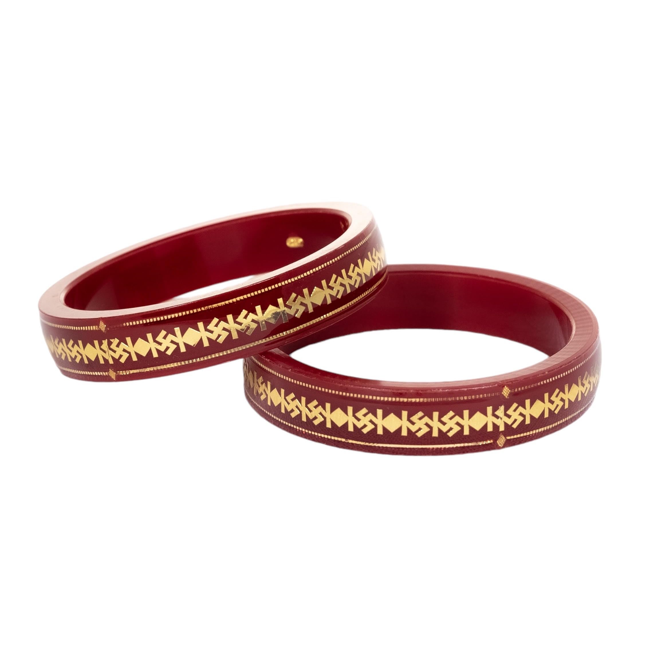 by Ashok Jewellers 22kt (916) Yellow Gold Pola Bangles/Gold Wedding Chooda for Women with Purity Certificate and 916 Stamp (Set of 2pcs) - Red (Double Gold Strip with Swastik)