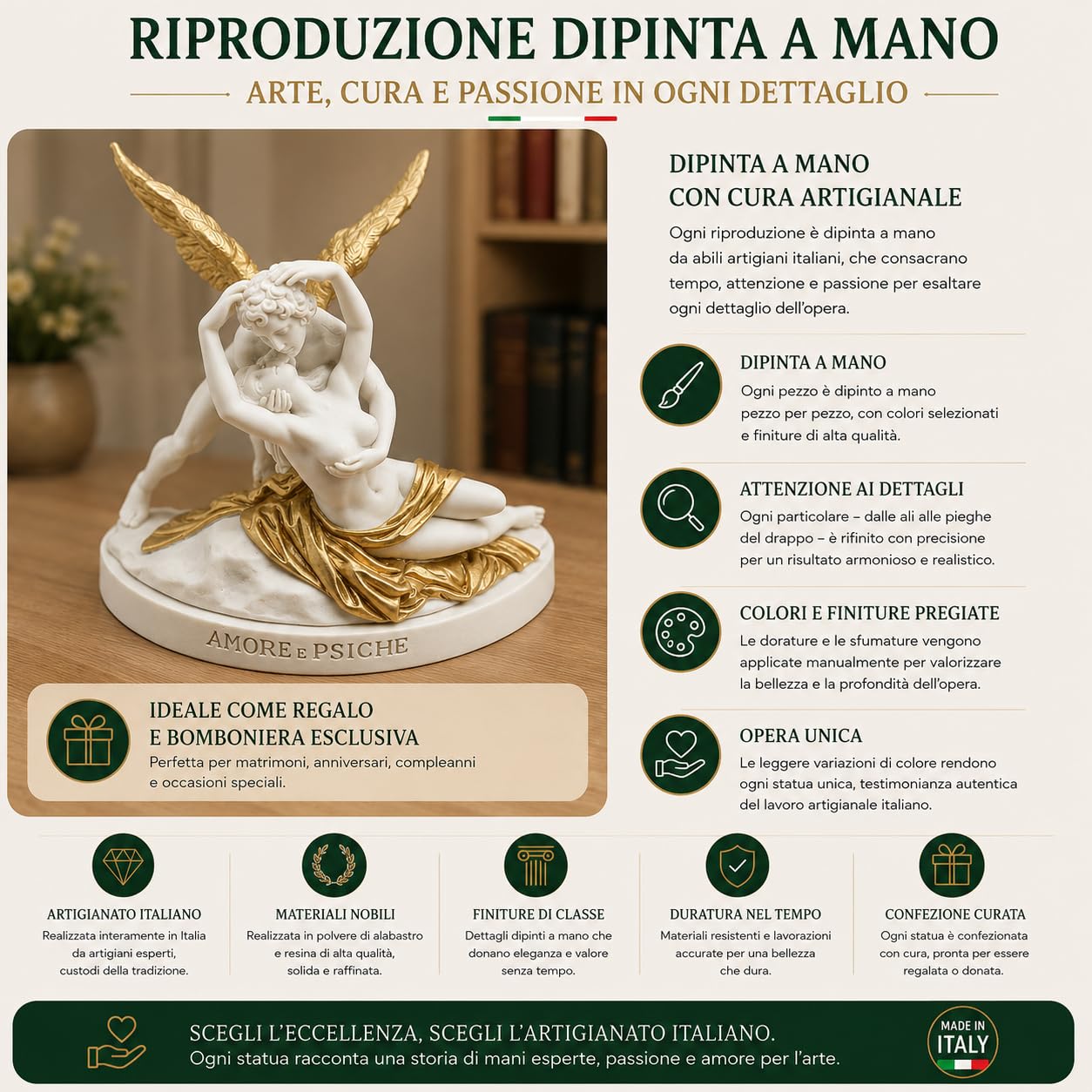 GINGERSHOPONLINE Busto Statua Design: Amore e Psiche (versione dipinta oro) - Riproduzione busto, scultura in marmo e resina - circa 13 cm, 350 gr. - Prodotto Made in Italy - Idea Regalo Casa