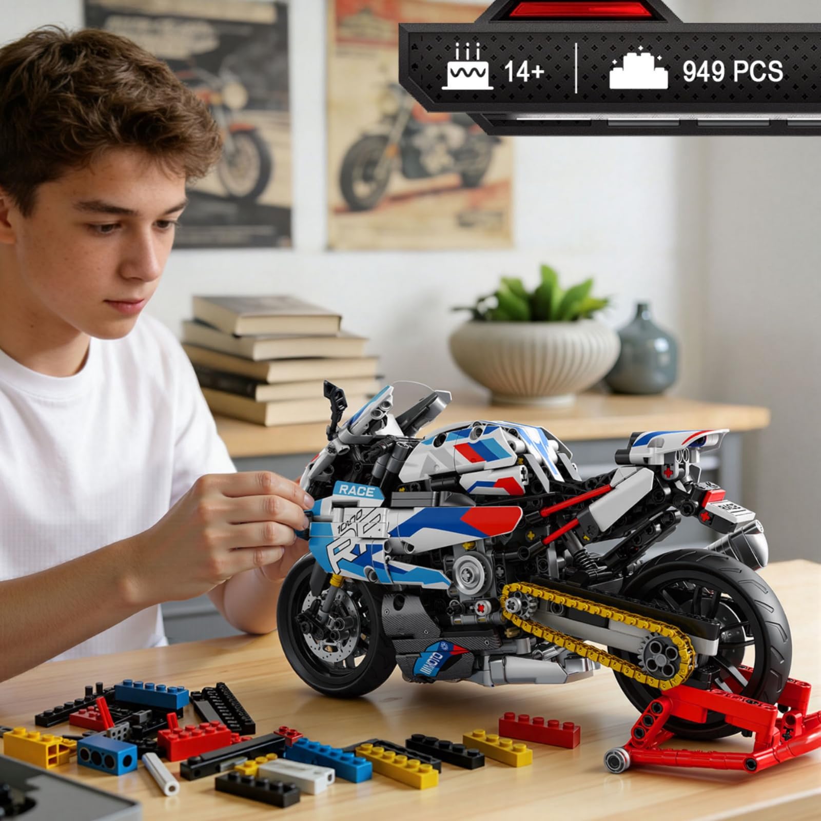 Brihappen 1000 RR Motorrad Bausatz für Erwachsene Männer, 1:8 Maßstab Technik Klemmbausteine Motorrad Modell mit Ausstellungsständer, Mechanisches Bike Vehicle Baukasten für Jugendliche ab 14 Jahren