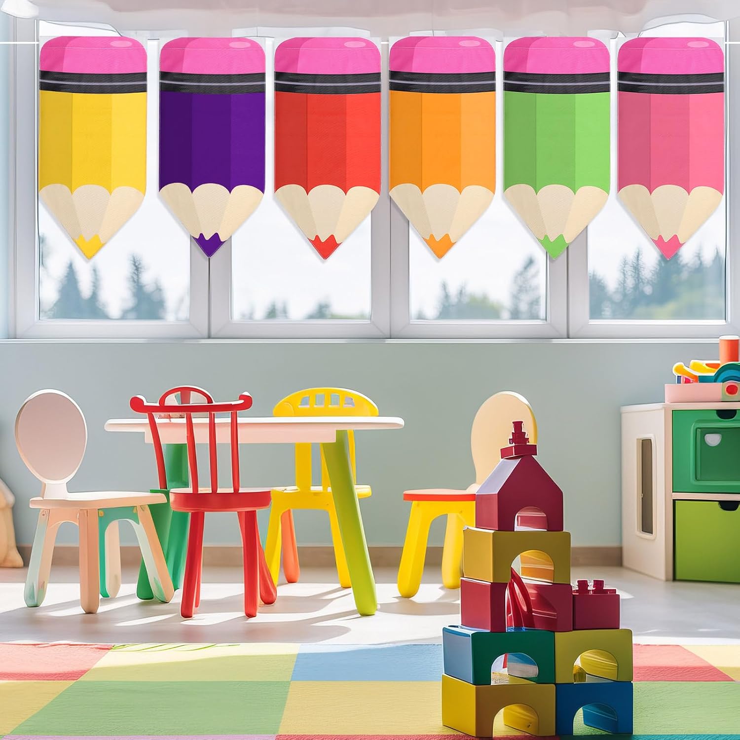 Rainbow Pencil Curtains for School Classroom - 8 Pcs Back to School Supplies for First Day Decor - Colorful Bedroom Decorations (24 x 12 Inches, 8 Colors)