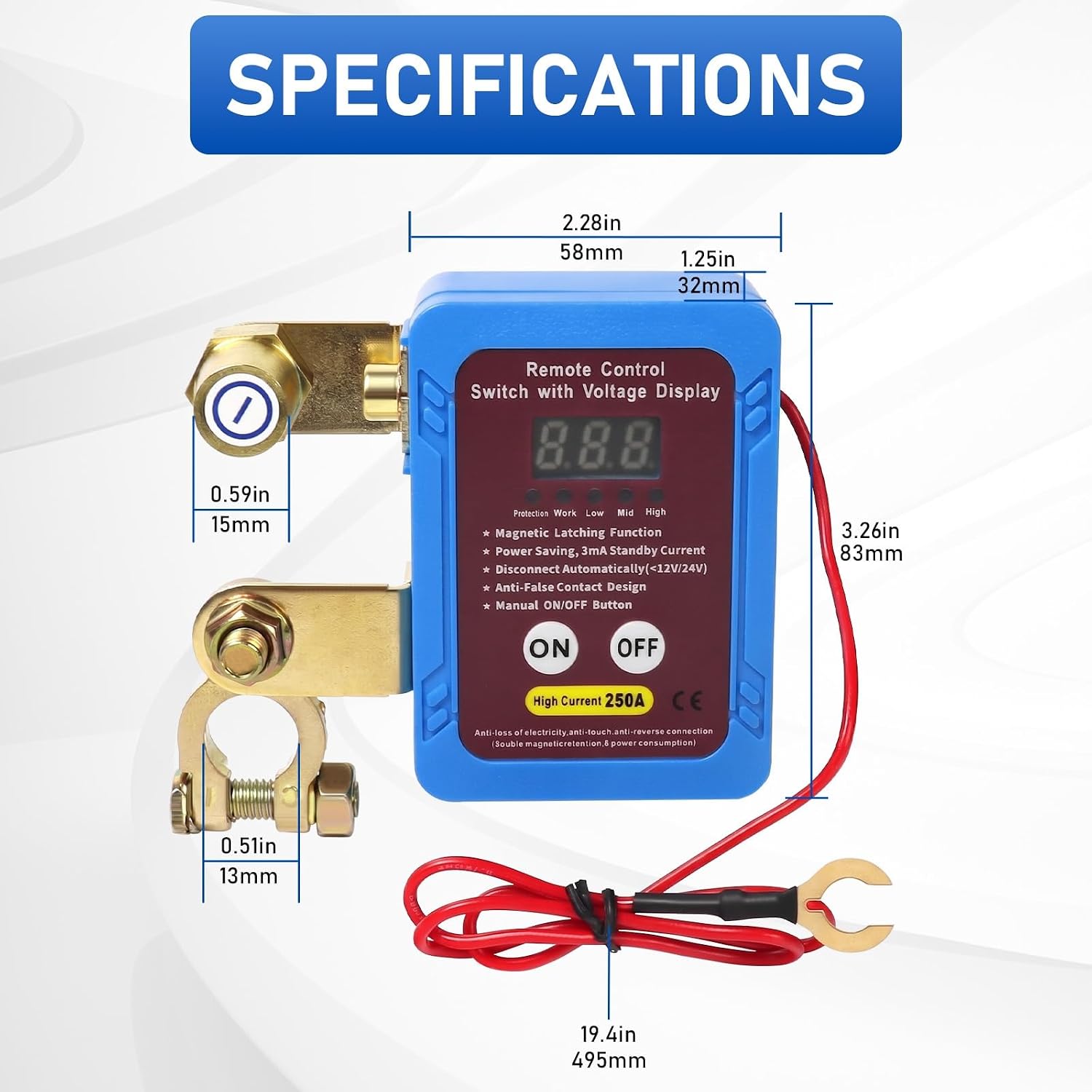 12V 250A Remote Control Kill Switch Kit, Battery Disconnect Switch with LED Voltage Display, Smart Car Kill Switch for Negative Terminal, Helps Reduce Battery Drain, for Car, RV, Boat, ATV, UTV
