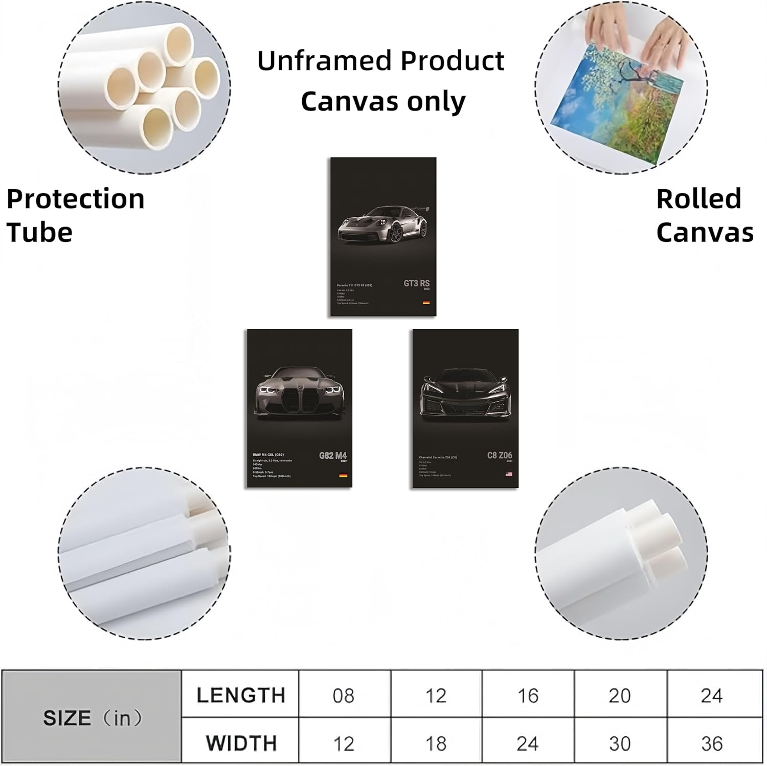 3Pieces Supercar Poster 911GT3RS M4CSL C8Z06 Poster Racing Wall Art Painting Canvas Birthday Gift Prints House Decor Framed or Unframed (Black, 16L x 24W, Unframed Poster)