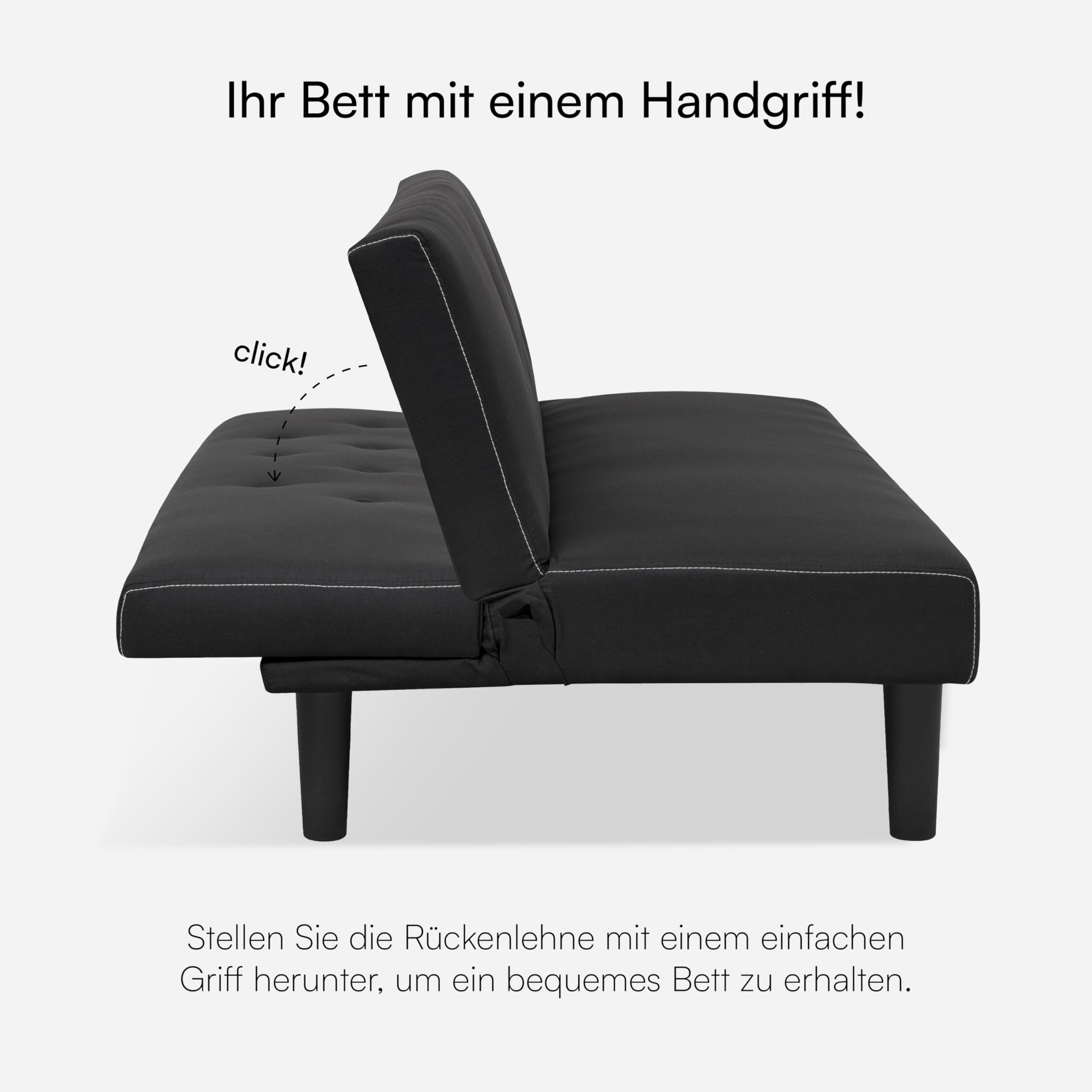 Baroni Home 3-Sitzer Stoff Sofa Bett umwandelbar in Polsterbett, Liegesofa mit Kunststoffbeinen für Wohnzimmer, Gästezimmer, Öffnet 93 cm, 167x70x77 cm (Schwarz)