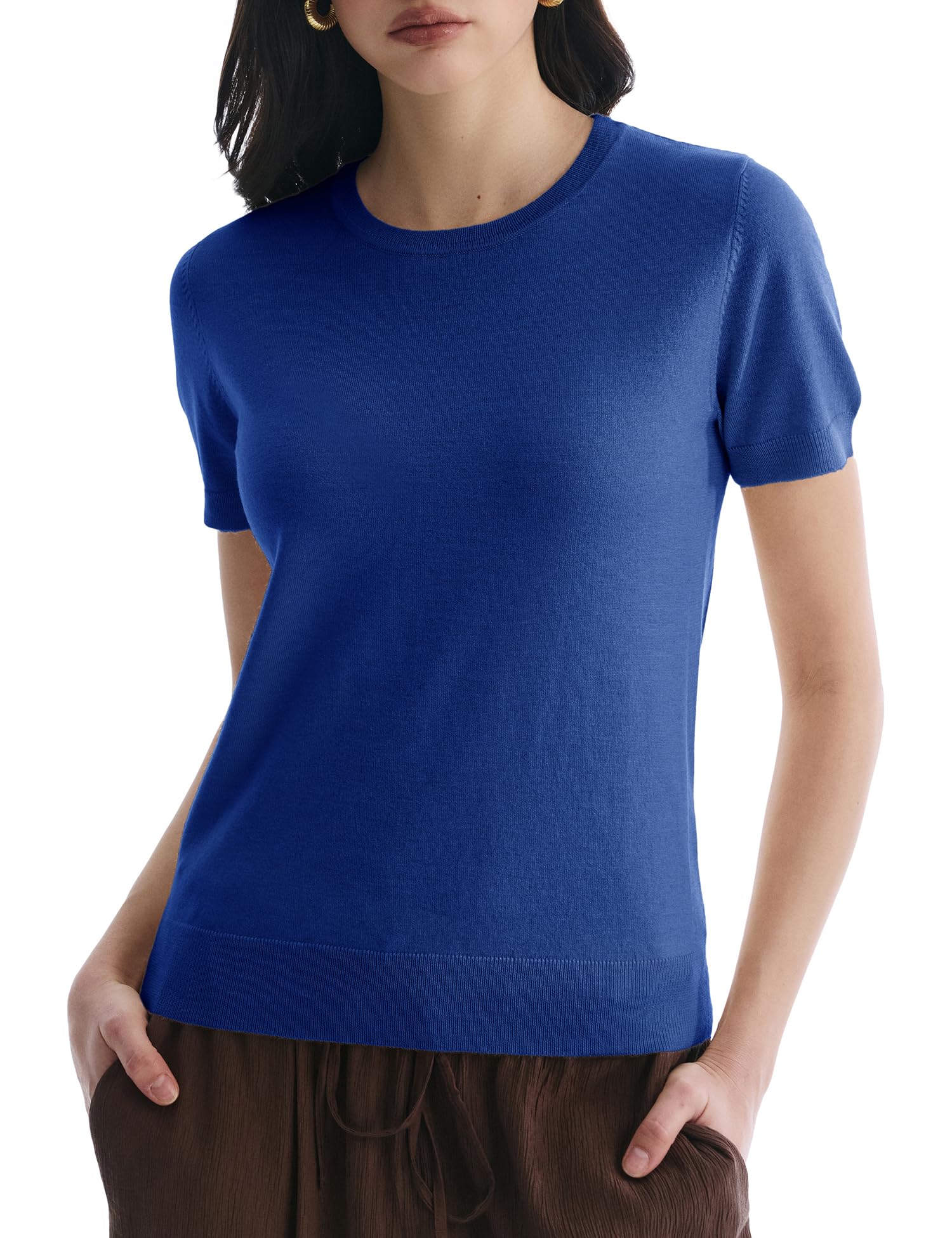 C202 Women's Sweaters Short Sleeve Crew Neck Tops Loose Fit Pullover Casual Business Clothes, Sapphire Blue X-Large