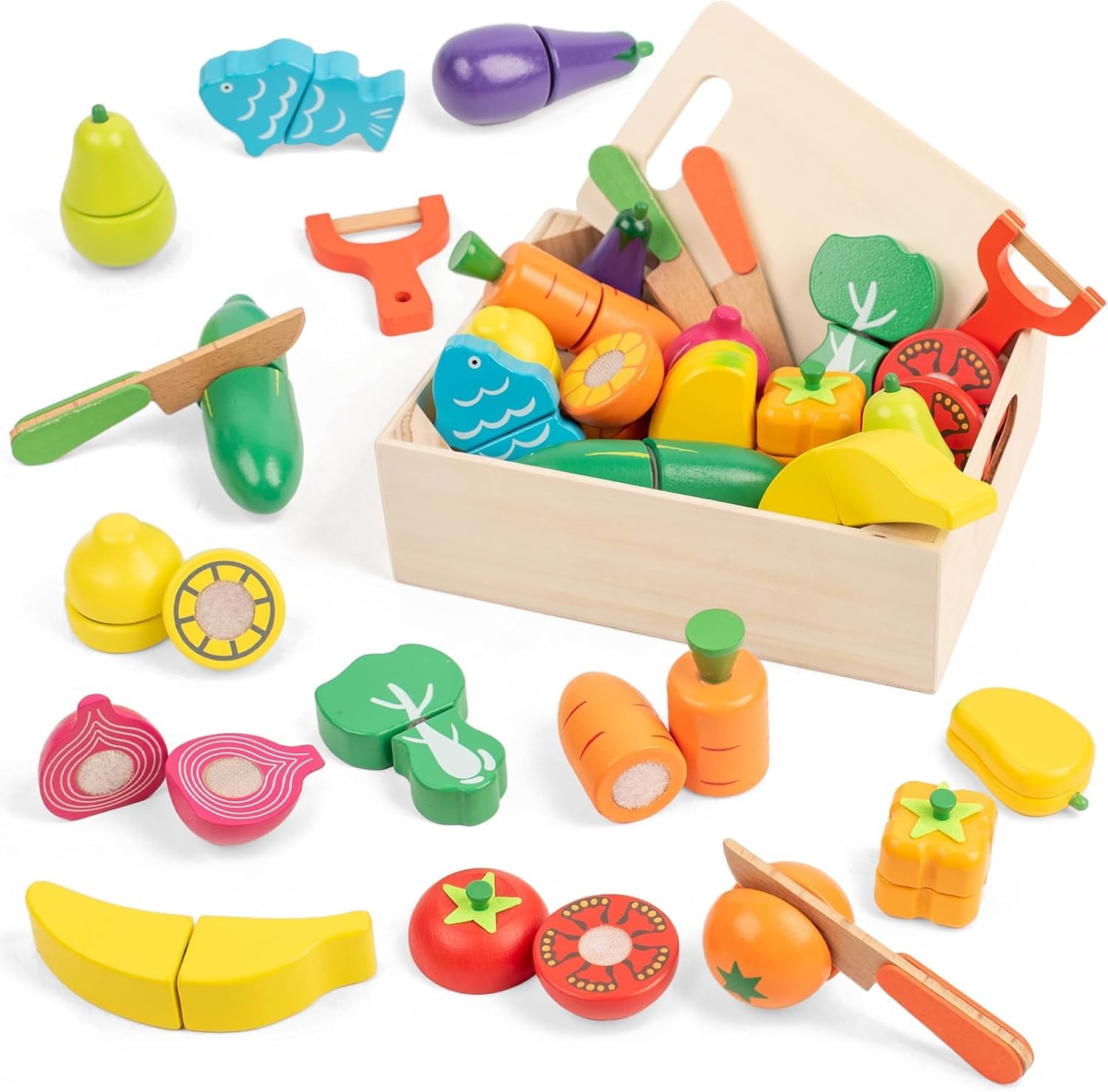 FMSKS Kinderküche Zubehör Spielzeug ab 3 Jahre, Holzspielzeug Kinderküche Spielküche Zubehör mit Klett-Verbindung, 32 Stück Küchenspielzeug Lernspielzeug Rollenspiele Pädagogisches Spielzeug Geschenk